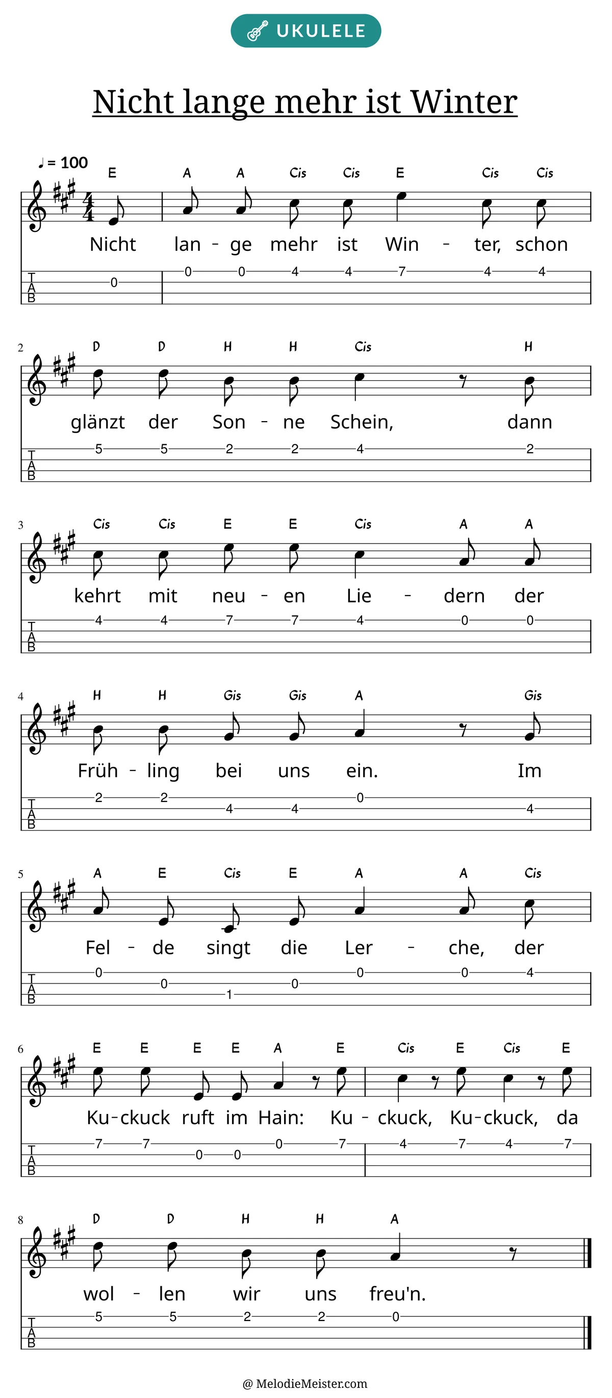Notenblatt „Nicht lange mehr ist Winter“ für Ukulele: Melodie mit Buchstaben über den Noten, darunter der Liedtext und die Ukulele-Tabulatur mit Bundzahlen.