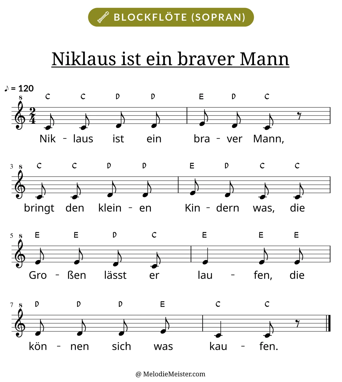 Notenblatt „Niklaus ist ein braver Mann“ für Blockflöte: Melodie mit Buchstaben über den Noten, darunter der Liedtext.