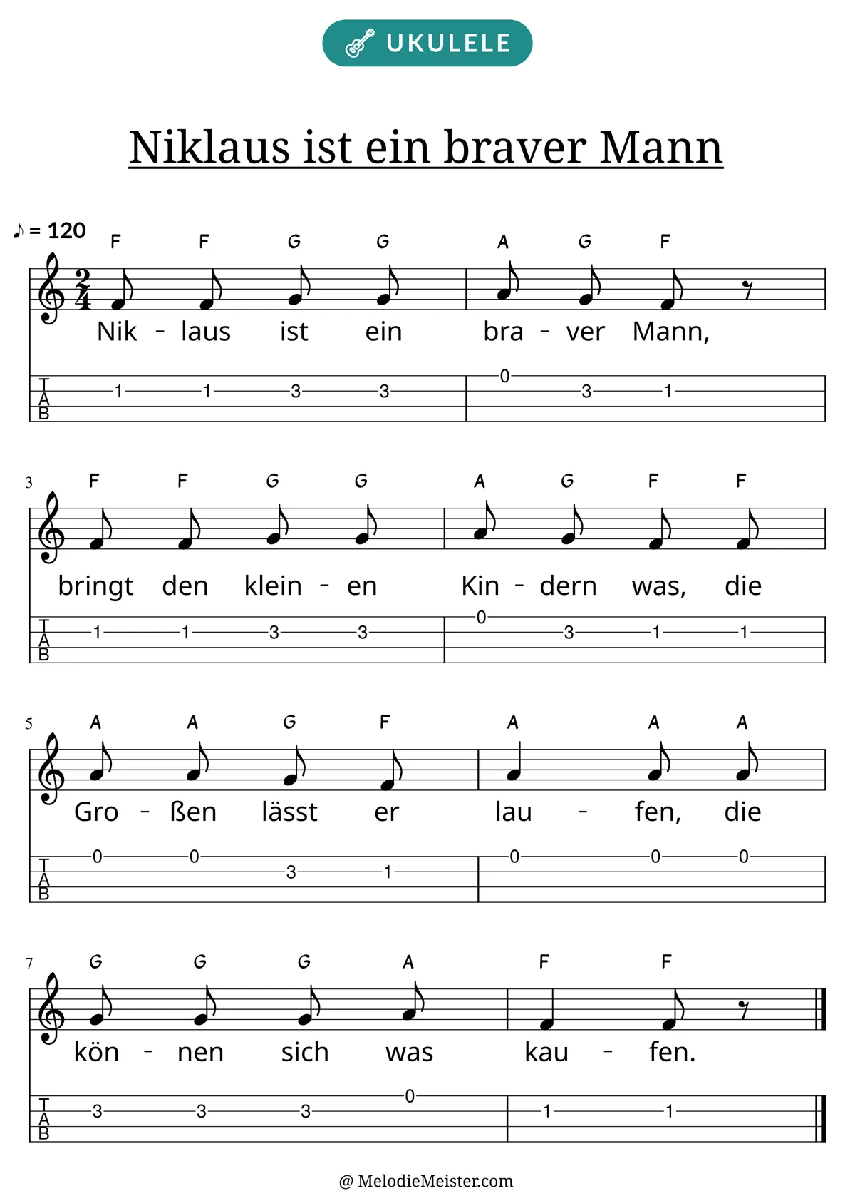 Notenblatt „Niklaus ist ein braver Mann“ für Ukulele: Melodie mit Buchstaben über den Noten, darunter der Liedtext und die Ukulele-Tabulatur mit Bundzahlen.