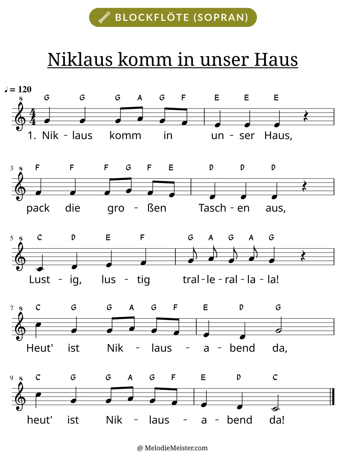 Notenblatt „Niklaus komm in unser Haus“ für Blockflöte: Melodie mit Buchstaben über den Noten, darunter der Liedtext der 1. Strophe.