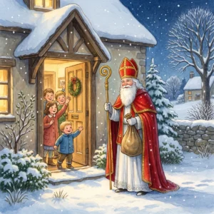 Der Nikolaus mit Mitra, rotem Mantel, Bischofsstab und Sack steht im Schnee vor einer Haustür, Kinder winken ihn freudig herein.