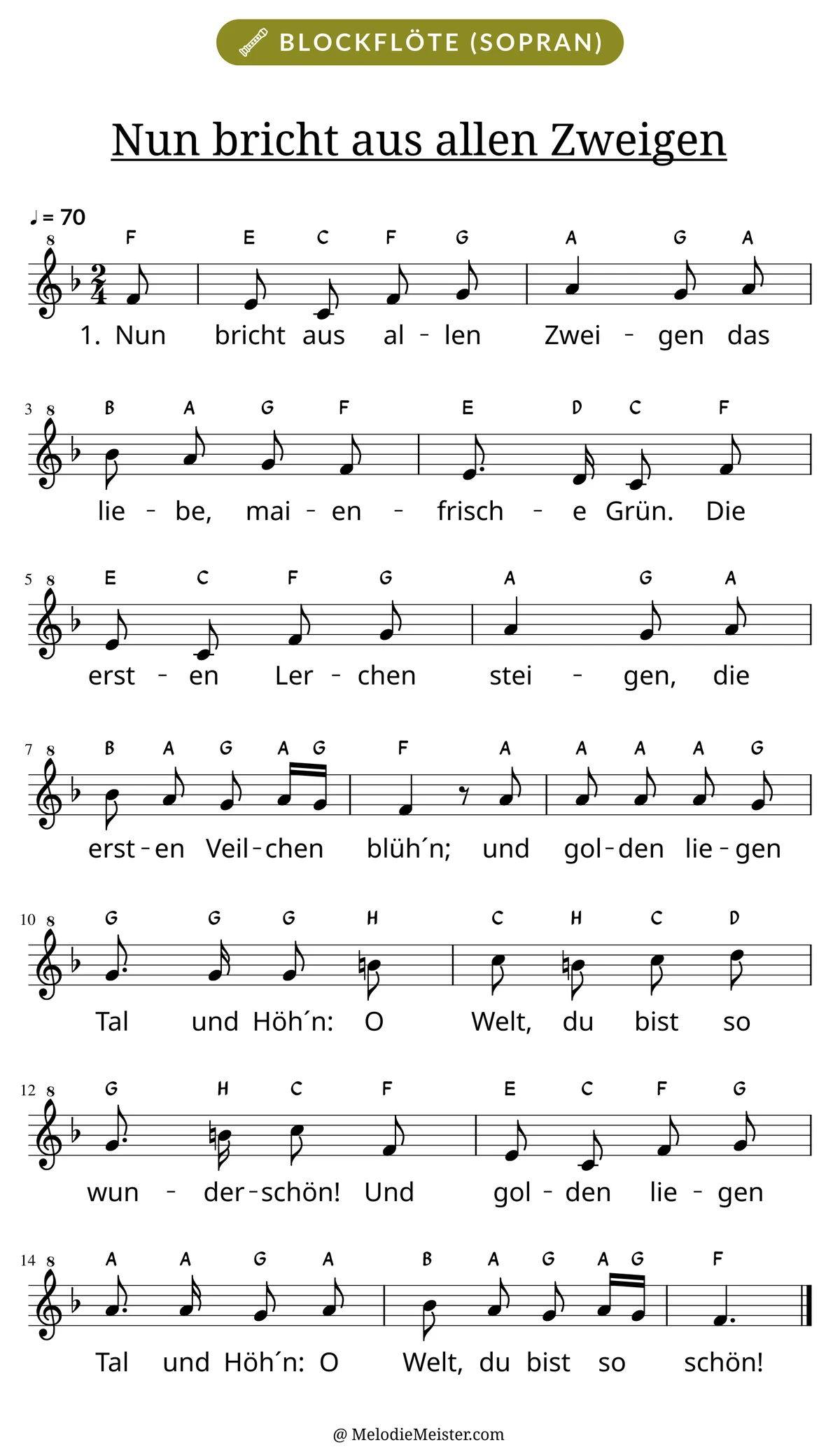 Notenblatt „Nun bricht aus allen Zweigen“ für Blockflöte: Melodie mit Buchstaben über den Noten, darunter der Liedtext der 1. Strophe.