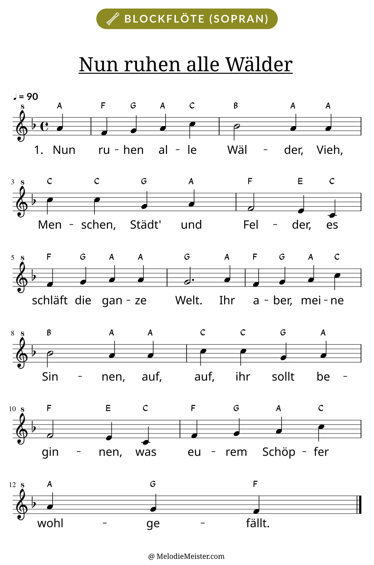 Notenblatt „Nun ruhen alle Wälder“ für Blockflöte: Melodie mit Buchstaben über den Noten, darunter der Liedtext der 1. Strophe.
