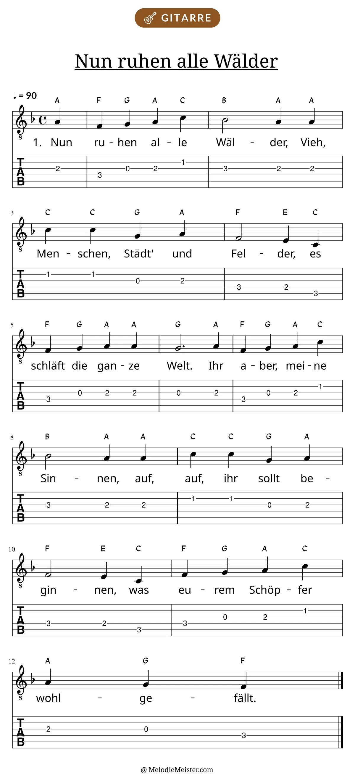 Notenblatt „Nun ruhen alle Wälder“ für Gitarre: Melodie mit Buchstaben über den Noten, darunter der Liedtext der 1. Strophe und die Gitarren-Tabulatur mit Bundzahlen.