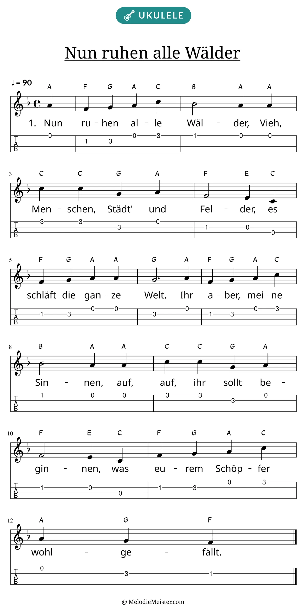 Notenblatt „Nun ruhen alle Wälder“ für Ukulele: Melodie mit Buchstaben über den Noten, darunter der Liedtext der 1. Strophe und die Ukulele-Tabulatur mit Bundzahlen.