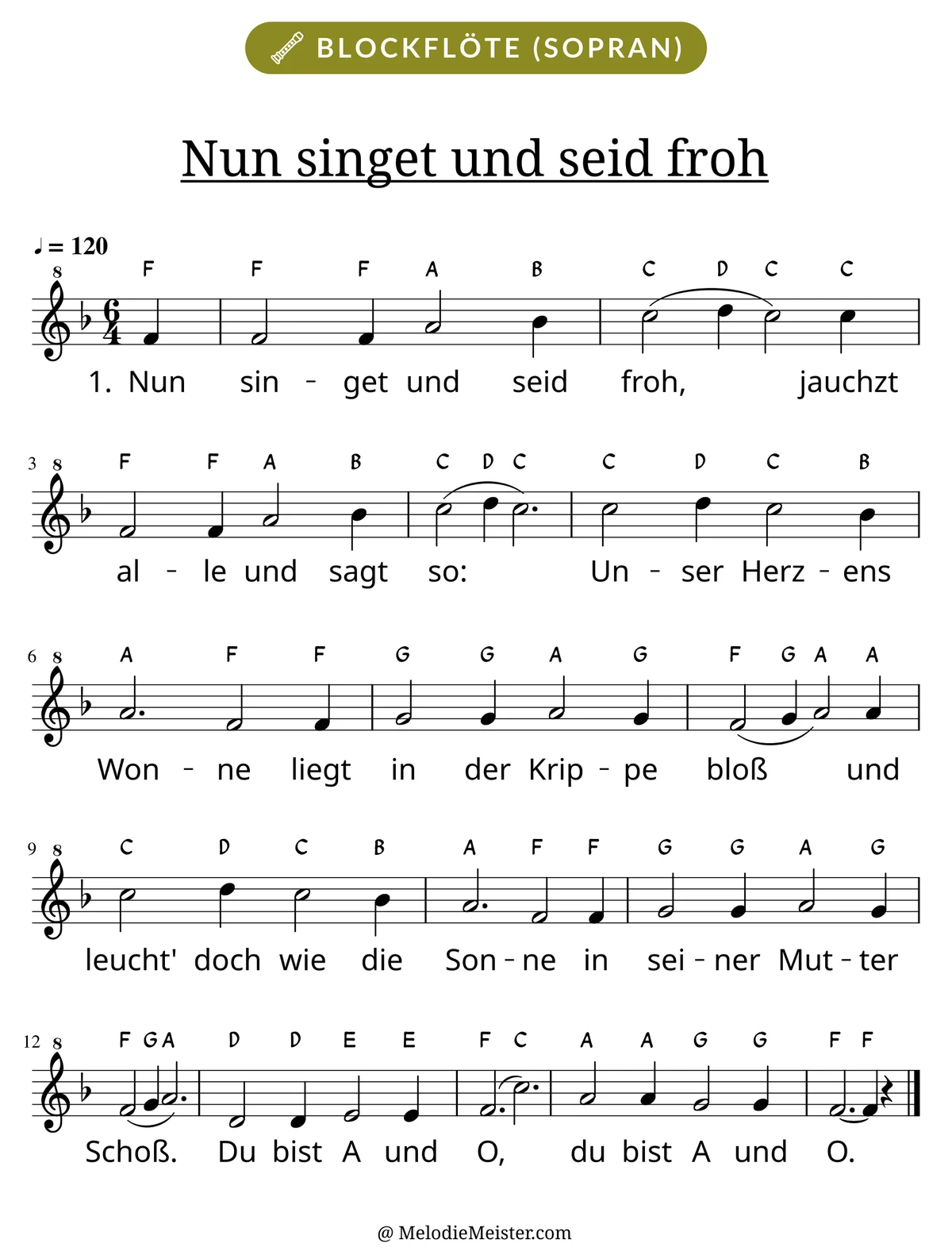 Notenblatt „Nun singet und seid froh“ für Blockflöte: Melodie mit Buchstaben über den Noten, darunter der Liedtext der 1. Strophe.