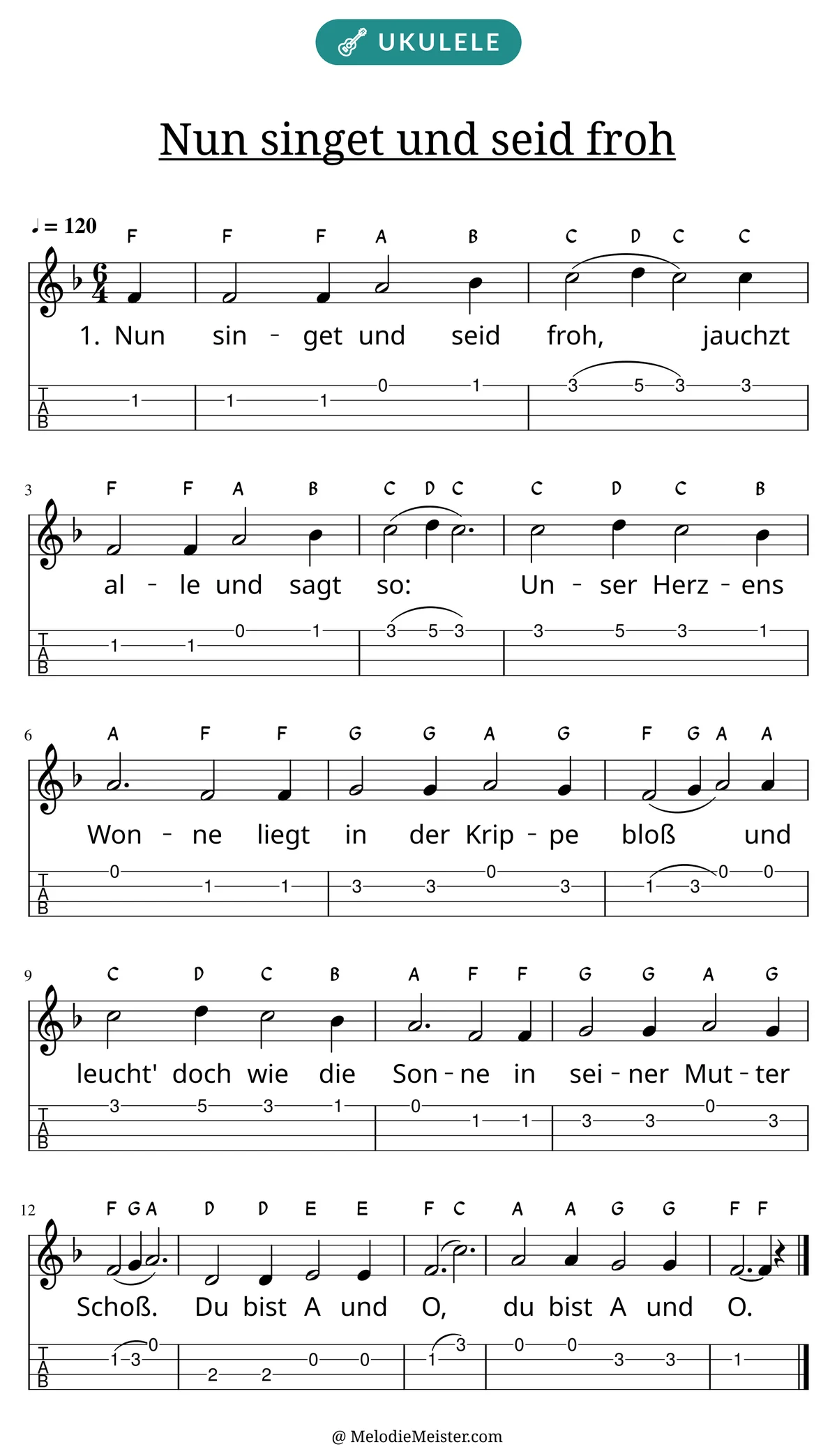 Notenblatt „Nun singet und seid froh“ für Ukulele: Melodie mit Buchstaben über den Noten, darunter der Liedtext der 1. Strophe und die Ukulele-Tabulatur mit Bundzahlen.