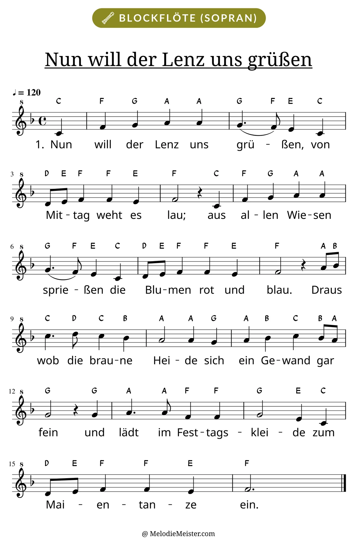 Notenblatt „Nun will der Lenz uns grüßen“ für Blockflöte: Melodie mit Buchstaben über den Noten, darunter der Liedtext der 1. Strophe.