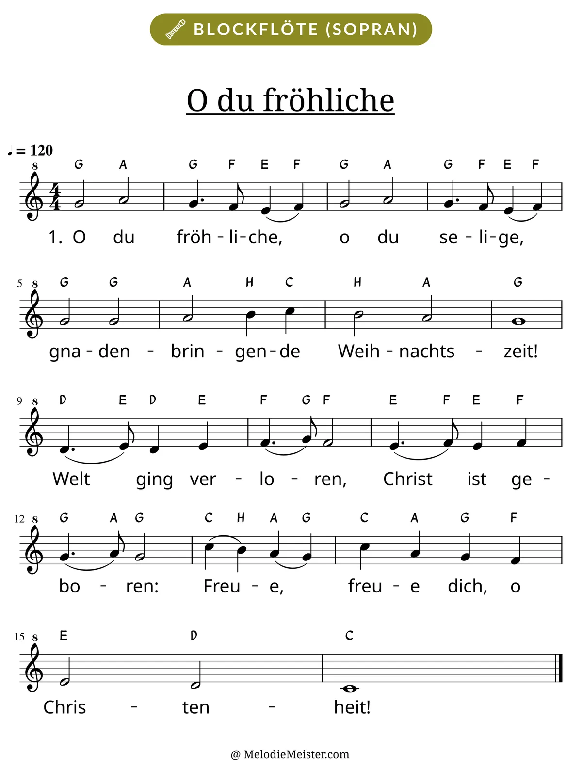 Notenblatt „O du fröhliche“ für Blockflöte: Melodie mit Buchstaben über den Noten, darunter der Liedtext der 1. Strophe.