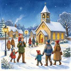 Familien gehen am Abend durch den Schnee zu einer hell erleuchteten kleinen Dorfkirche mit Glockenturm, Laternen säumen den Weg.