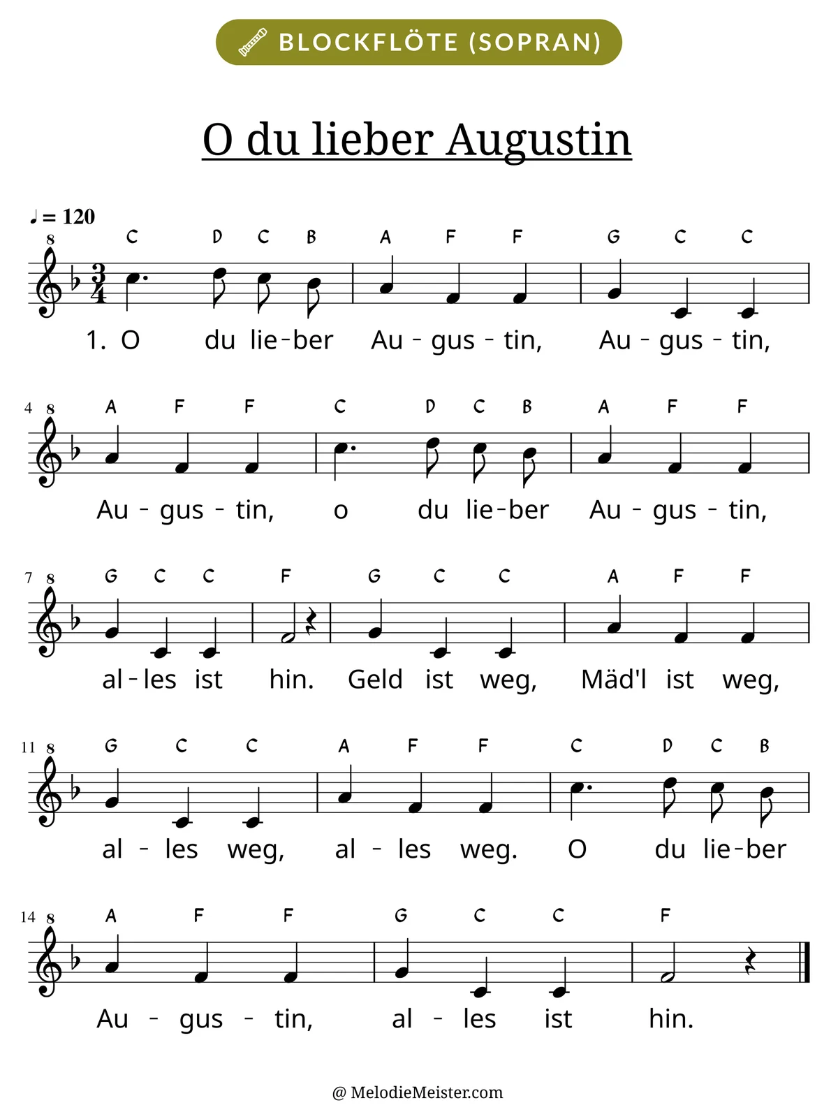 Notenblatt „O du lieber Augustin“ für Blockflöte: Melodie mit Buchstaben über den Noten, darunter der Liedtext der 1. Strophe.