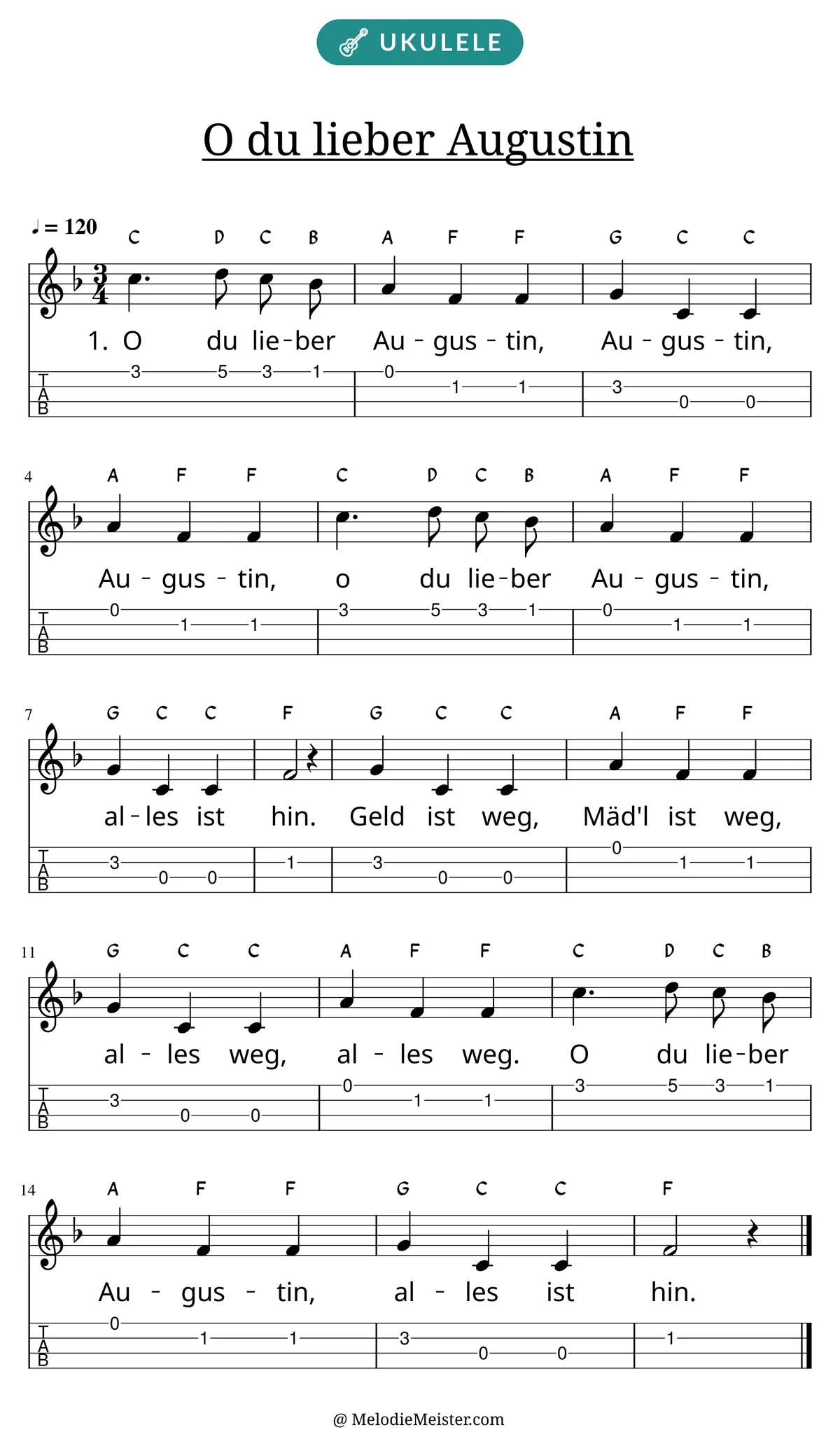 Notenblatt „O du lieber Augustin“ für Ukulele: Melodie mit Buchstaben über den Noten, darunter der Liedtext der 1. Strophe und die Ukulele-Tabulatur mit Bundzahlen.