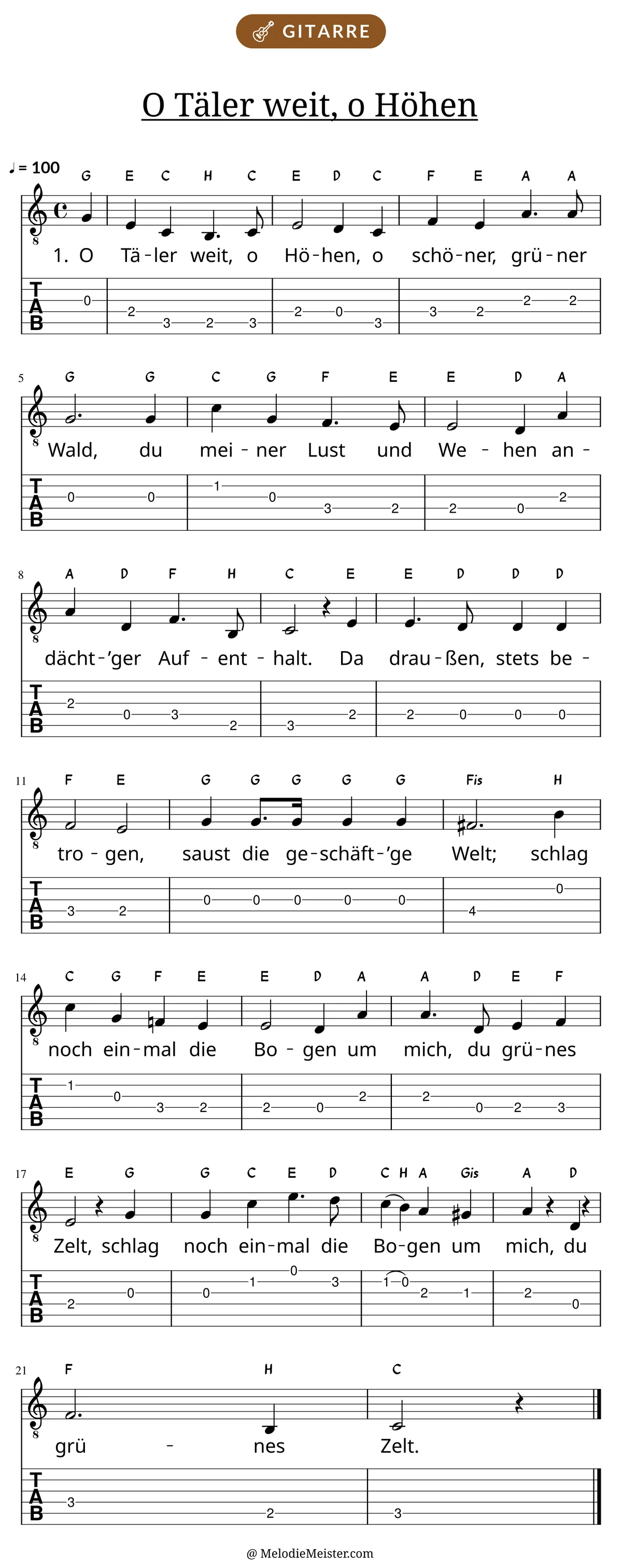 Notenblatt „O Täler weit, o Höhen“ für Gitarre: Melodie mit Buchstaben über den Noten, darunter der Liedtext der 1. Strophe und die Gitarren-Tabulatur mit Bundzahlen.