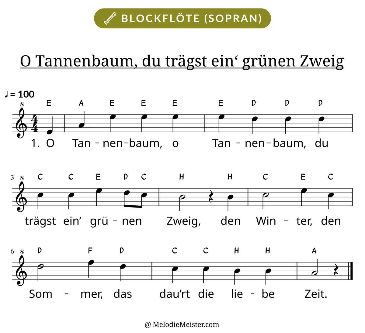 Notenblatt „O Tannenbaum, du trägst ein‘ grünen Zweig“ für Blockflöte: Melodie mit Buchstaben über den Noten, darunter der Liedtext der 1. Strophe.