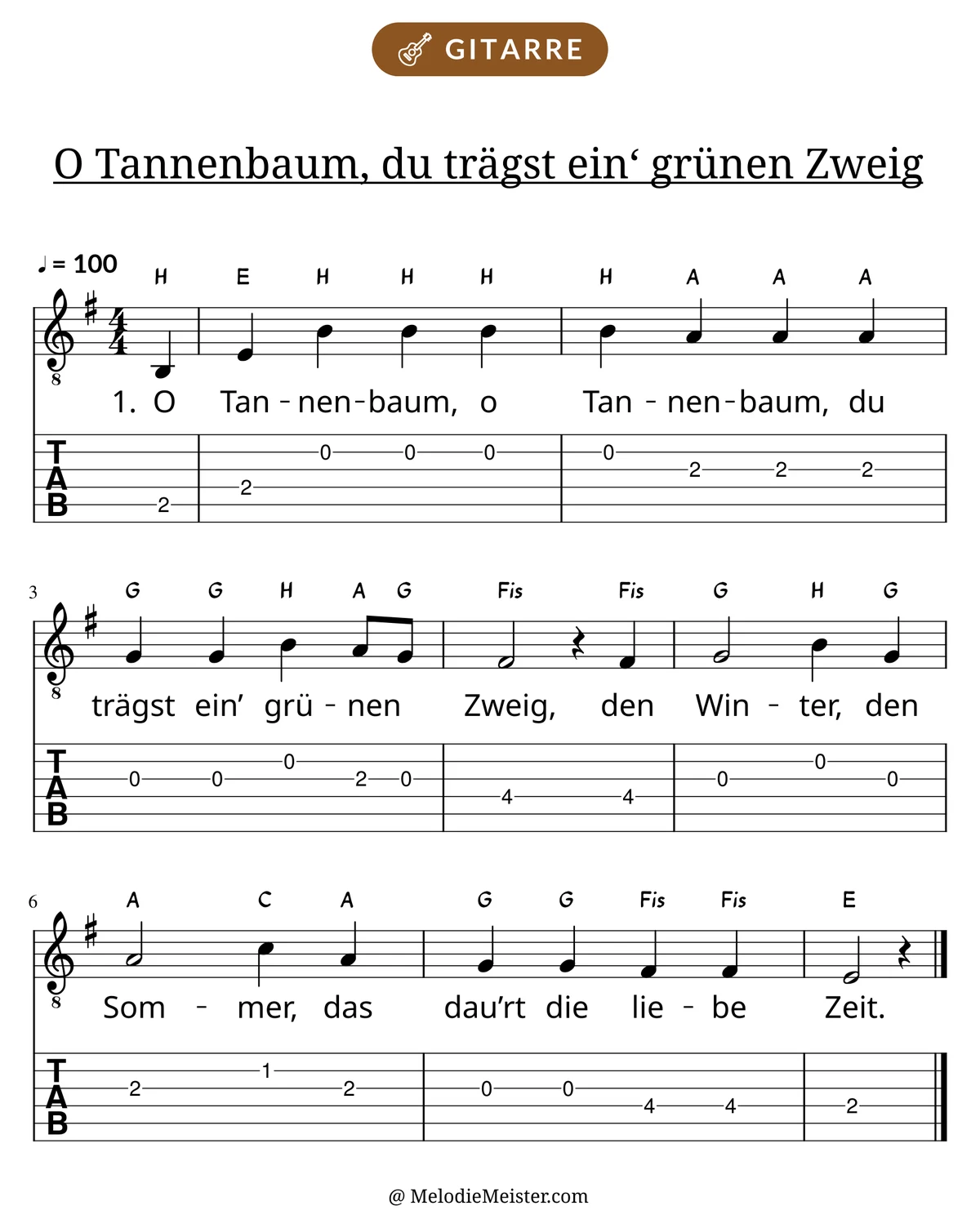 Notenblatt „O Tannenbaum, du trägst ein‘ grünen Zweig“ für Gitarre: Melodie mit Buchstaben über den Noten, darunter der Liedtext der 1. Strophe und die Gitarren-Tabulatur mit Bundzahlen.
