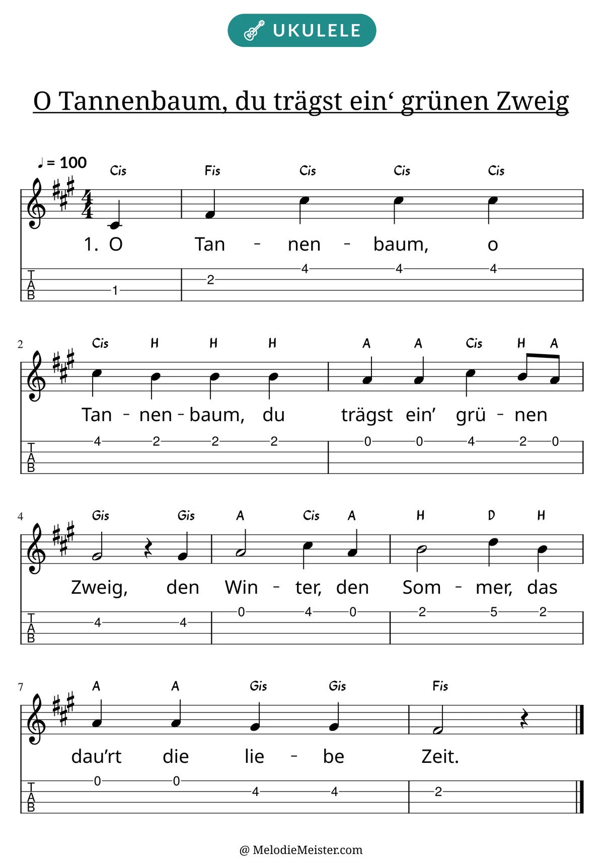 Notenblatt „O Tannenbaum, du trägst ein‘ grünen Zweig“ für Ukulele: Melodie mit Buchstaben über den Noten, darunter der Liedtext der 1. Strophe und die Ukulele-Tabulatur mit Bundzahlen.