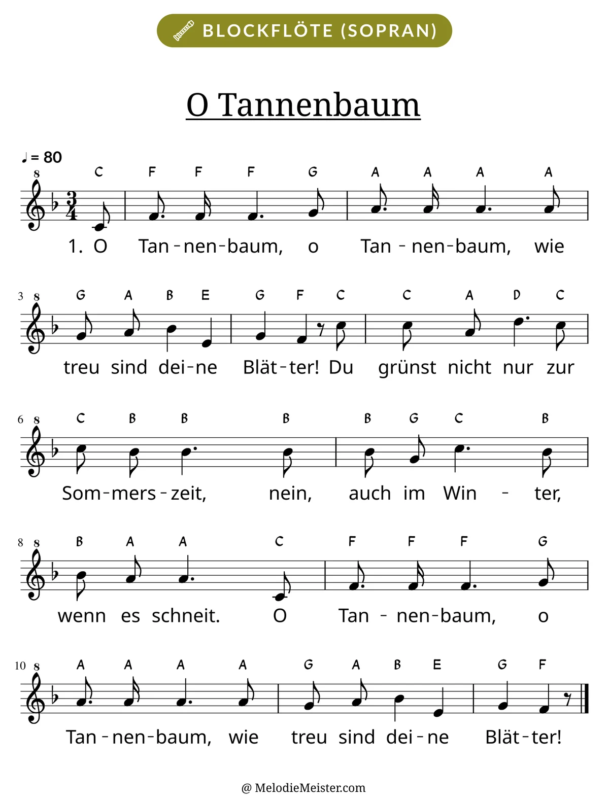 Notenblatt „O Tannenbaum“ für Blockflöte: Melodie mit Buchstaben über den Noten, darunter der Liedtext der 1. Strophe.