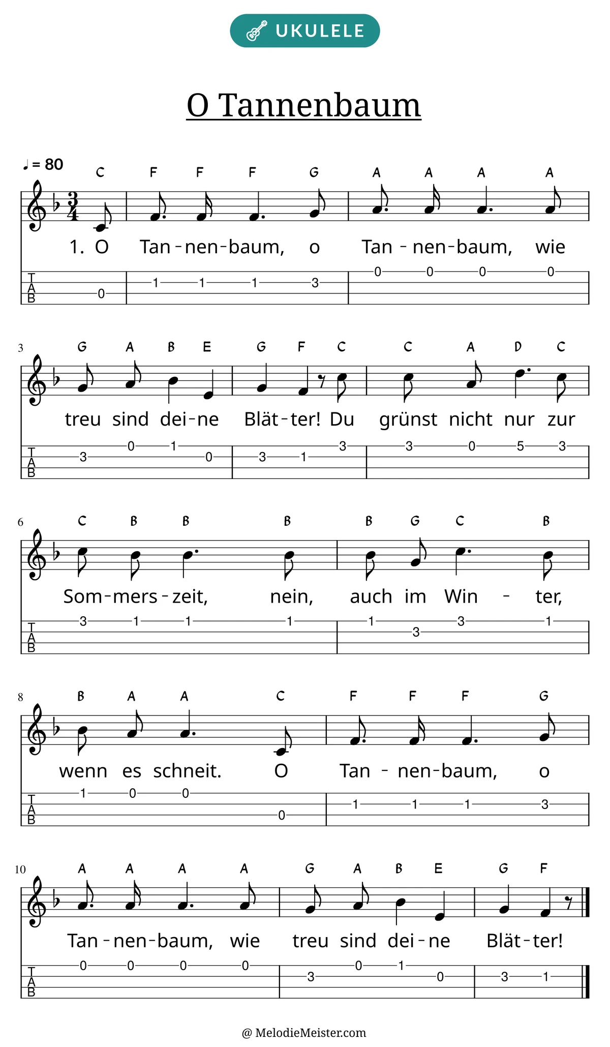 Notenblatt „O Tannenbaum“ für Ukulele: Melodie mit Buchstaben über den Noten, darunter der Liedtext der 1. Strophe und die Ukulele-Tabulatur mit Bundzahlen.