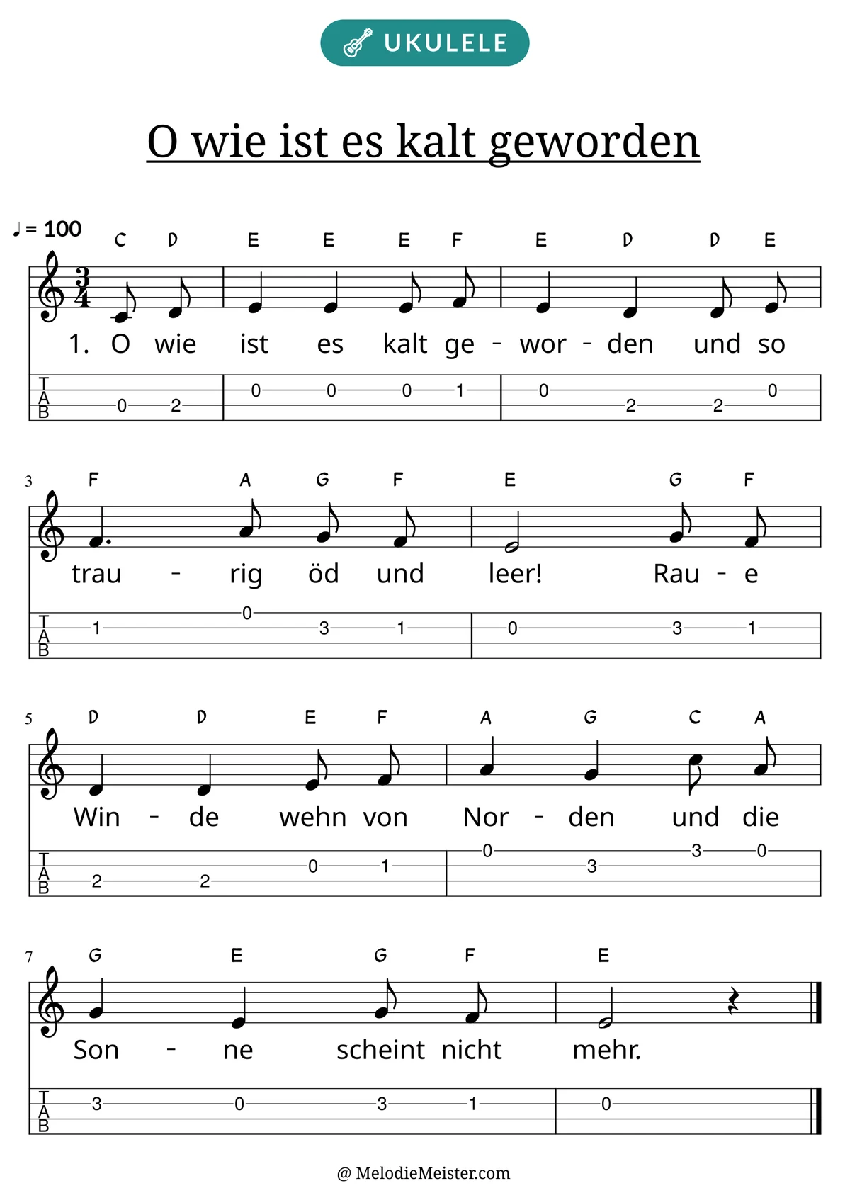 Notenblatt „O wie ist es kalt geworden“ für Ukulele: Melodie mit Buchstaben über den Noten, darunter der Liedtext der 1. Strophe und die Ukulele-Tabulatur mit Bundzahlen.