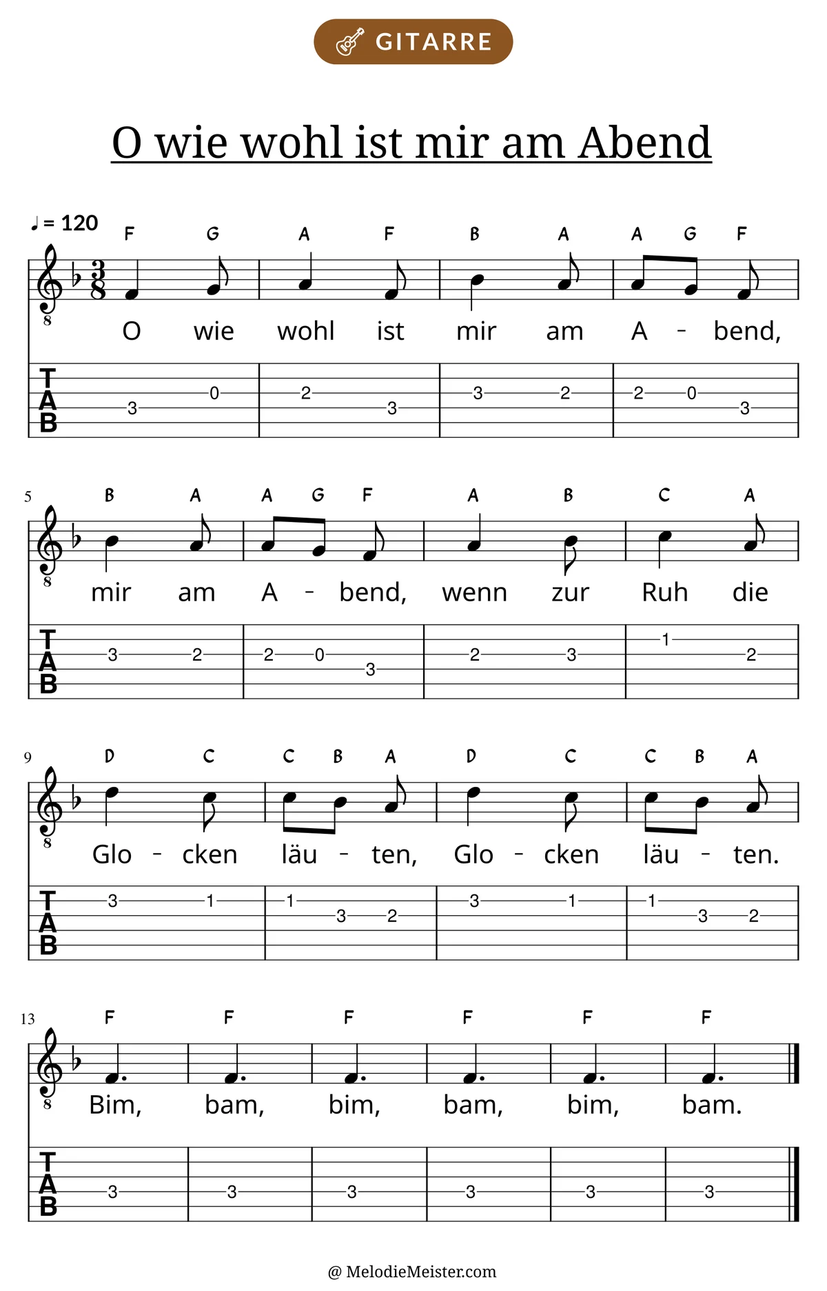 Notenblatt „O wie wohl ist mir am Abend“ für Gitarre: Melodie mit Buchstaben über den Noten, darunter der Liedtext und die Gitarren-Tabulatur mit Bundzahlen.