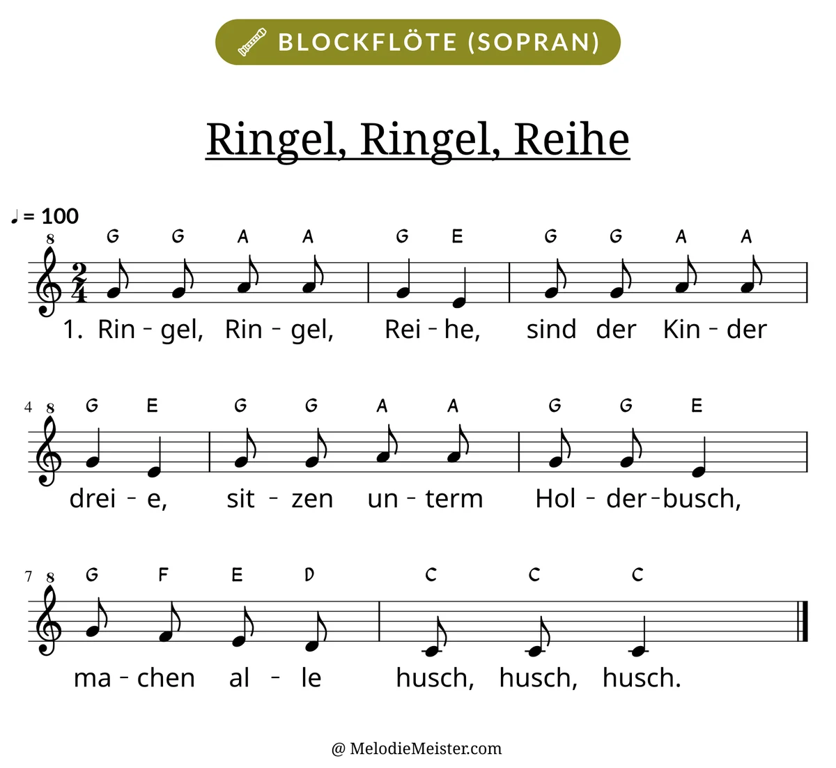 Notenblatt „Ringel, Ringel, Reihe“ für Blockflöte: Melodie mit Buchstaben über den Noten, darunter der Liedtext der 1. Strophe.