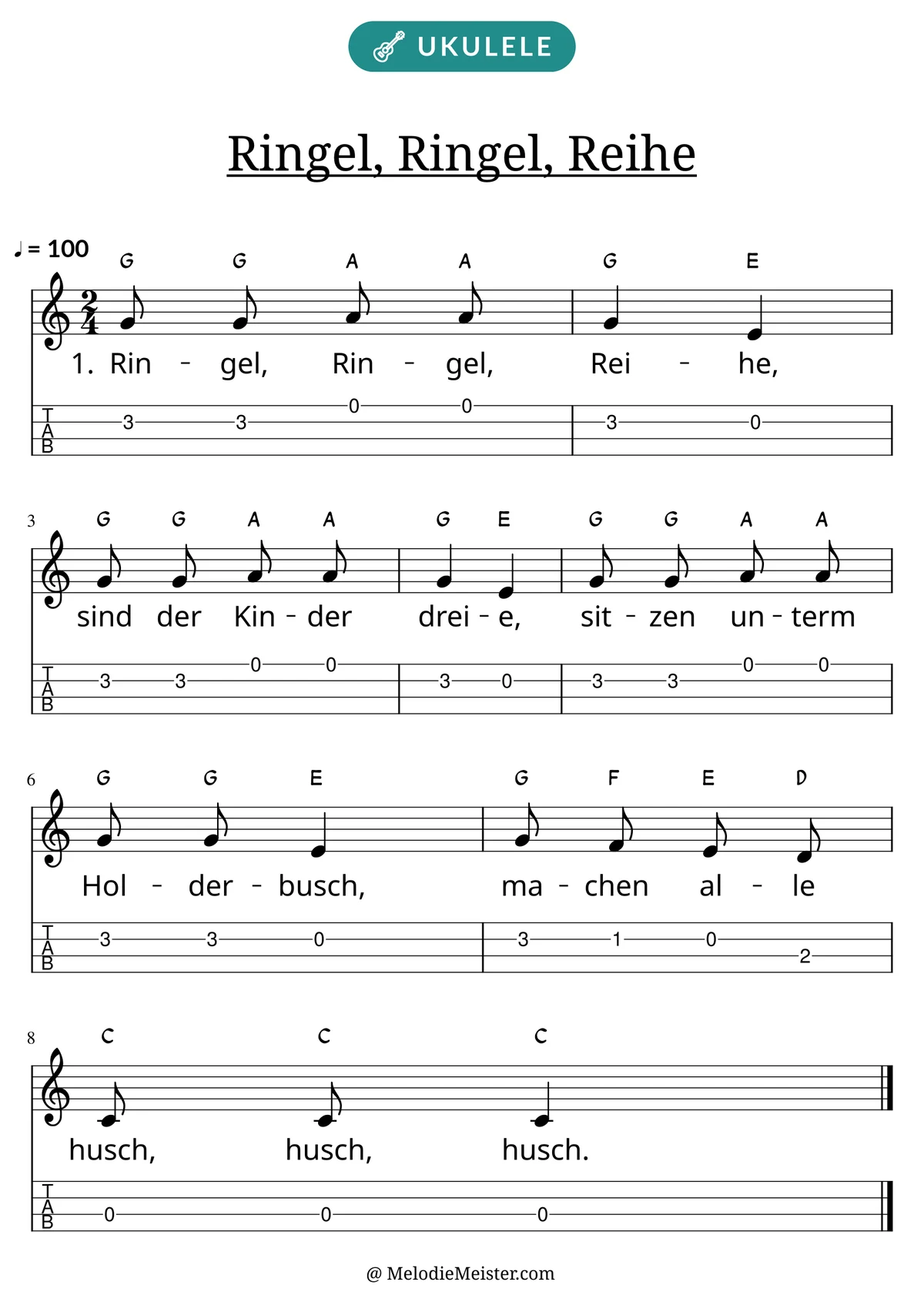 Notenblatt „Ringel, Ringel, Reihe“ für Ukulele: Melodie mit Buchstaben über den Noten, darunter der Liedtext der 1. Strophe und die Ukulele-Tabulatur mit Bundzahlen.