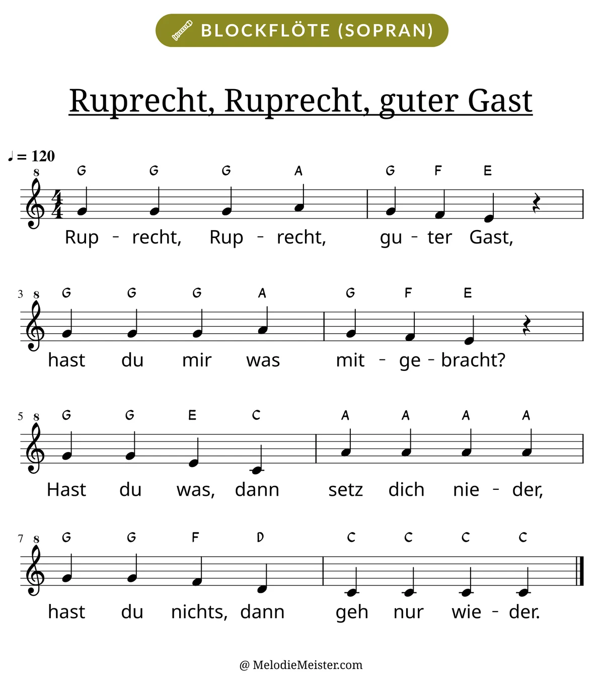 Notenblatt „Ruprecht, Ruprecht, guter Gast“ für Blockflöte: Melodie mit Buchstaben über den Noten, darunter der Liedtext.