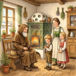Knecht Ruprecht im braunen Kapuzenmantel mit Rutenbündel und Sack sitzt freundlich in einer Bauernstube am Kachelofen, Kinder stehen mit ihrer Mutter vor ihm.