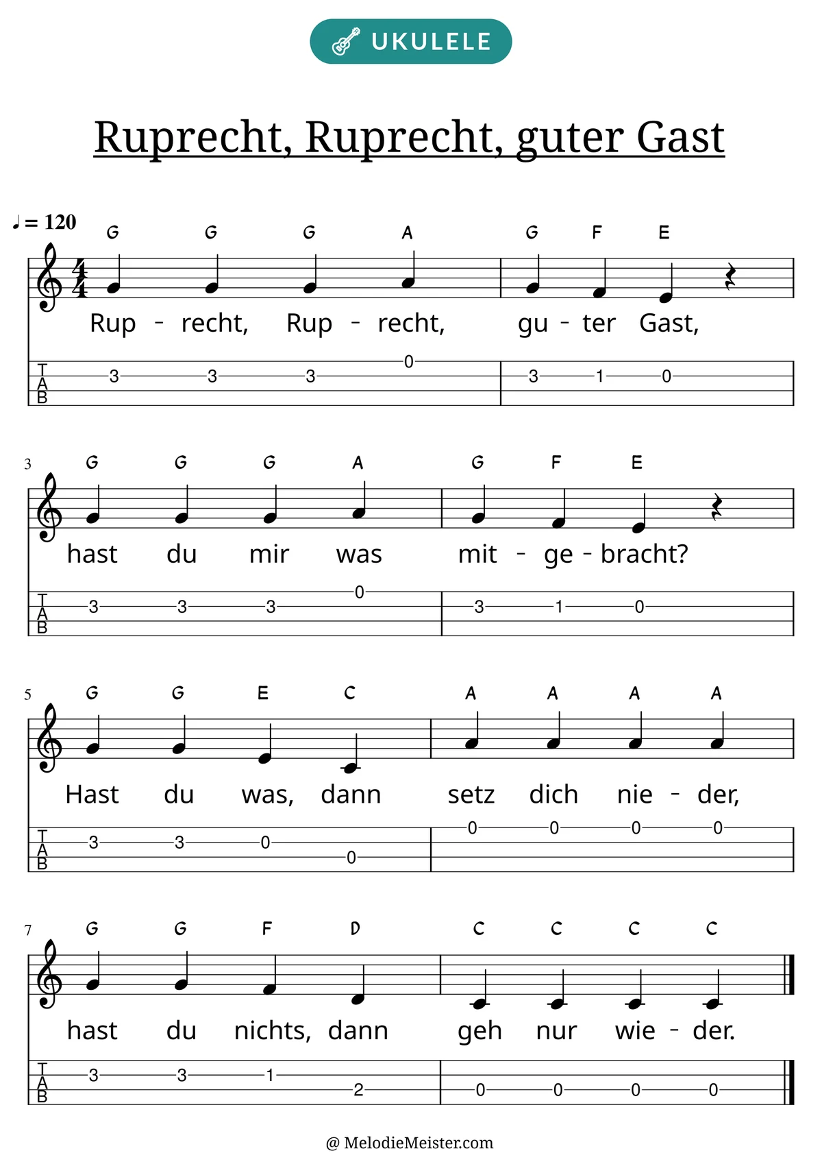 Notenblatt „Ruprecht, Ruprecht, guter Gast“ für Ukulele: Melodie mit Buchstaben über den Noten, darunter der Liedtext und die Ukulele-Tabulatur mit Bundzahlen.