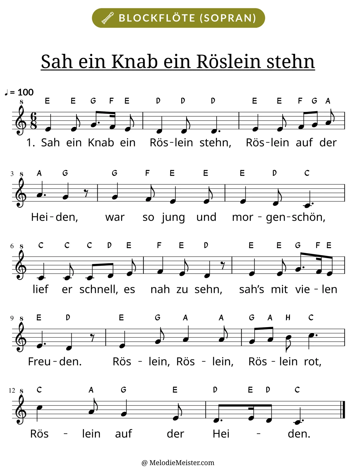 Notenblatt „Sah ein Knab ein Röslein stehn“ für Blockflöte: Melodie mit Buchstaben über den Noten, darunter der Liedtext der 1. Strophe.