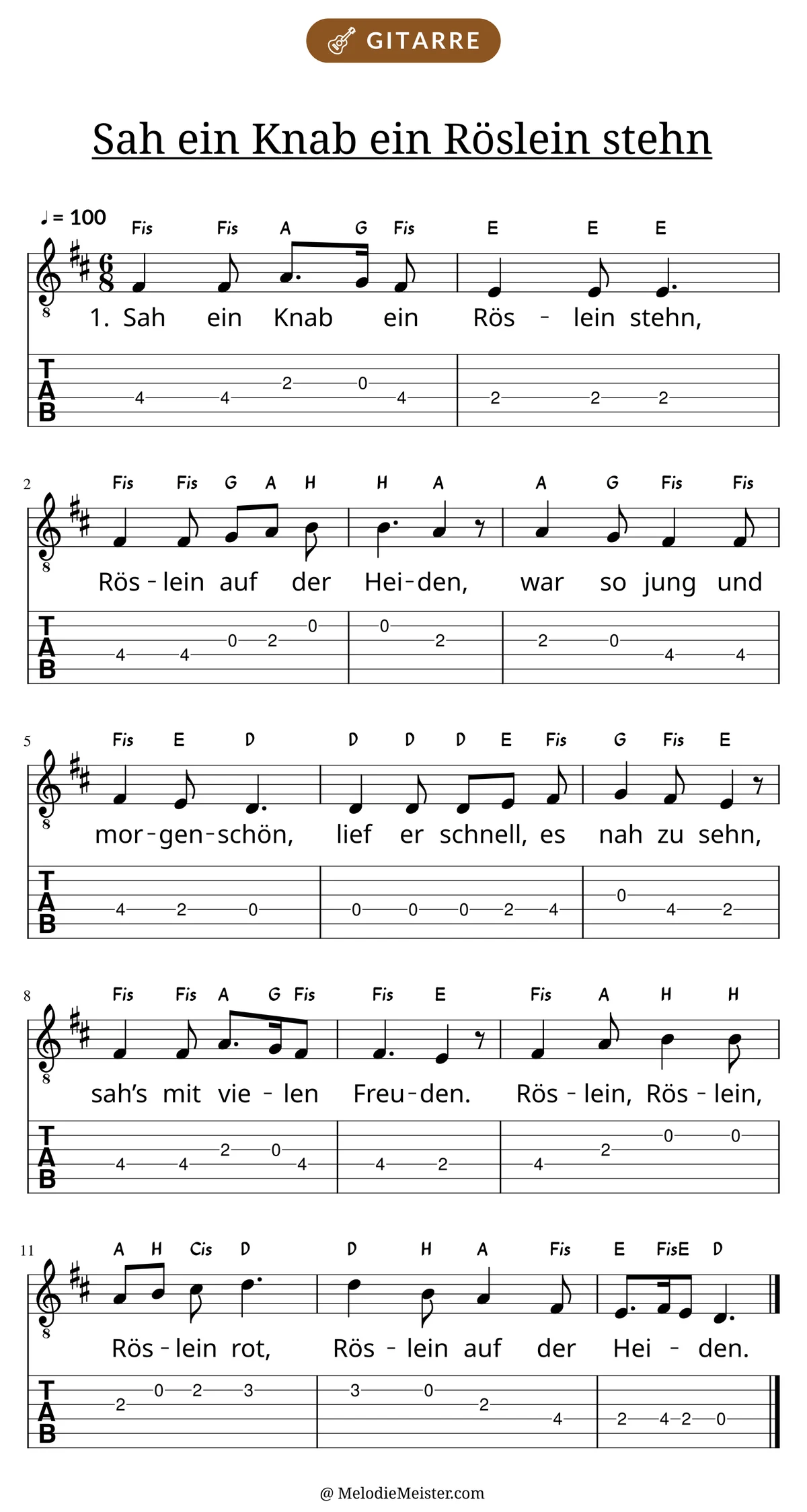 Notenblatt „Sah ein Knab ein Röslein stehn“ für Gitarre: Melodie mit Buchstaben über den Noten, darunter der Liedtext der 1. Strophe und die Gitarren-Tabulatur mit Bundzahlen.