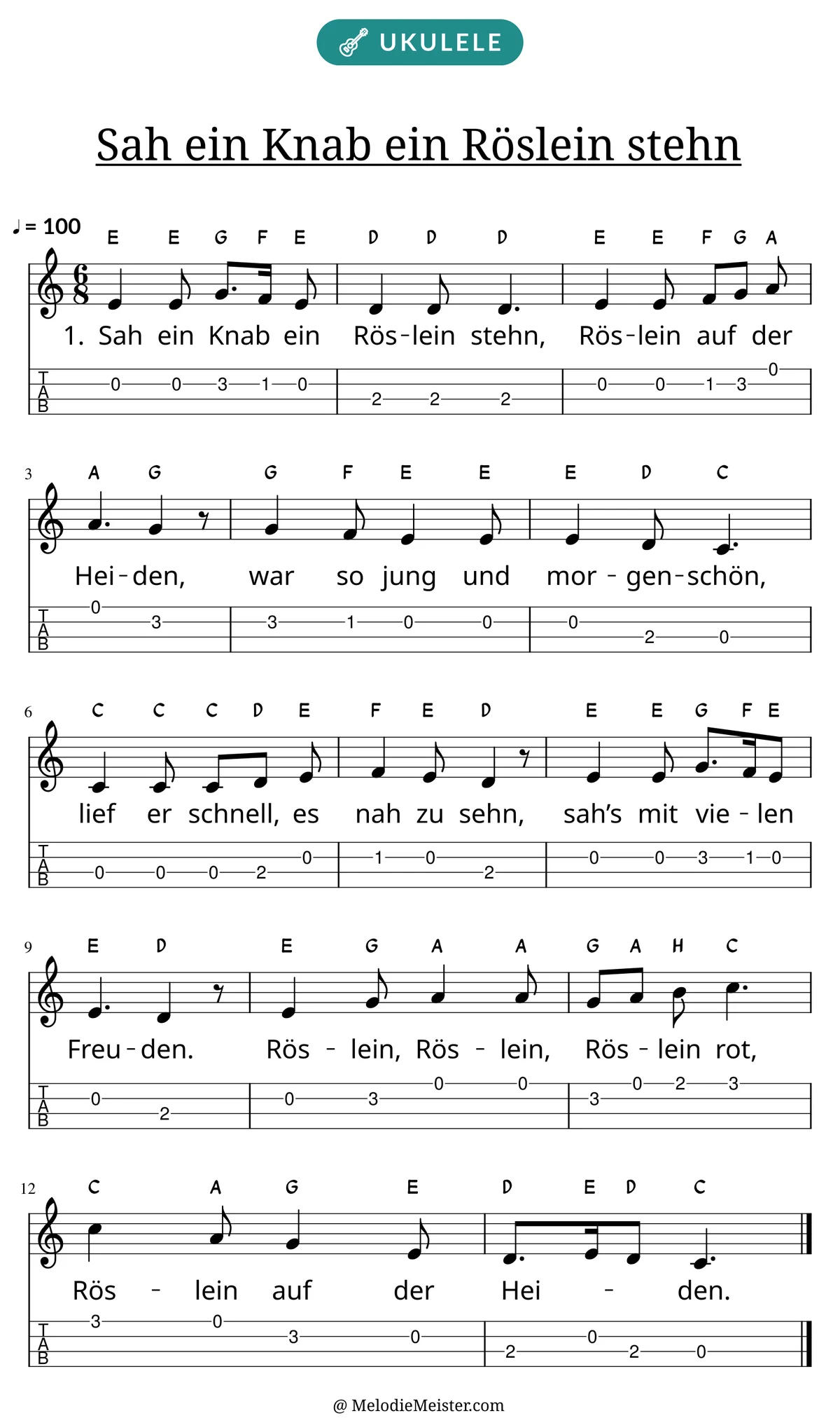 Notenblatt „Sah ein Knab ein Röslein stehn“ für Ukulele: Melodie mit Buchstaben über den Noten, darunter der Liedtext der 1. Strophe und die Ukulele-Tabulatur mit Bundzahlen.