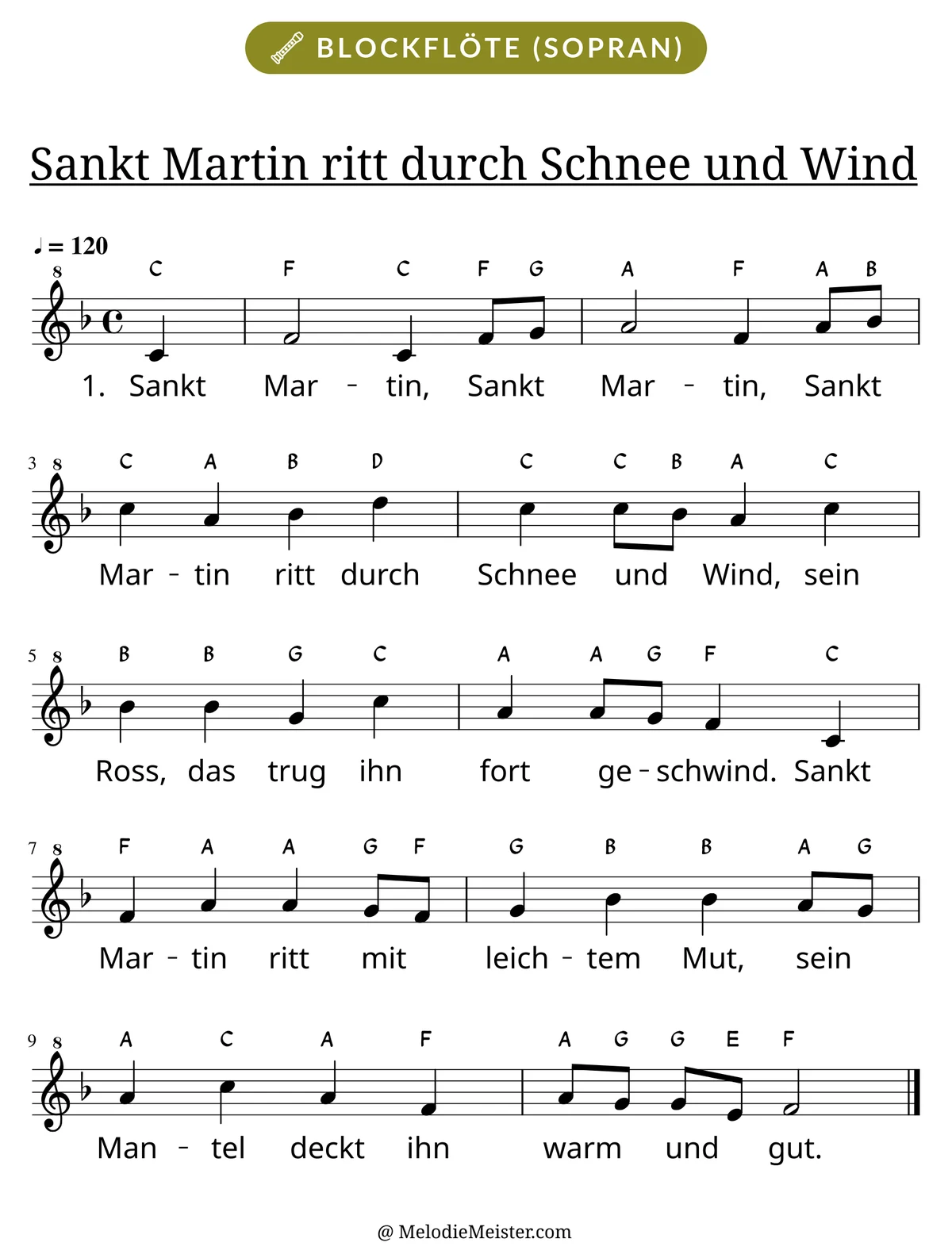Notenblatt „Sankt Martin ritt durch Schnee und Wind“ für Blockflöte: Melodie mit Buchstaben über den Noten, darunter der Liedtext der 1. Strophe.