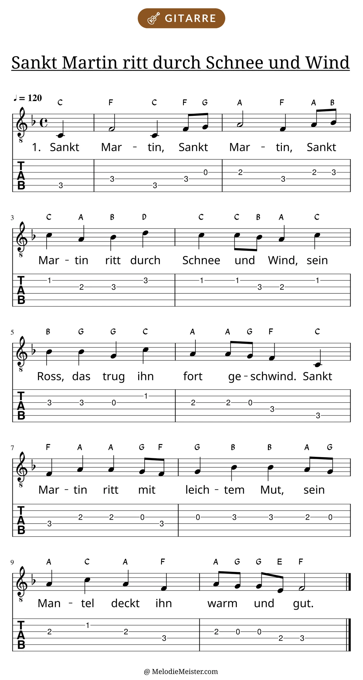 Notenblatt „Sankt Martin ritt durch Schnee und Wind“ für Gitarre: Melodie mit Buchstaben über den Noten, darunter der Liedtext der 1. Strophe und die Gitarren-Tabulatur mit Bundzahlen.