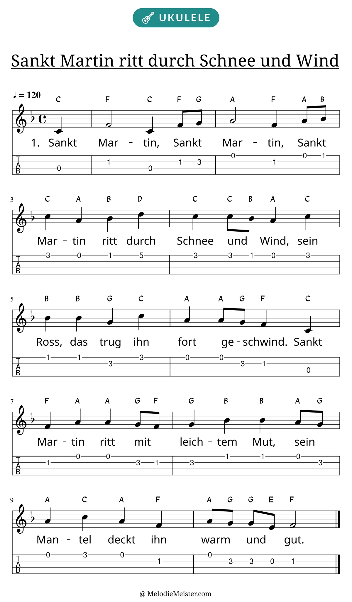 Notenblatt „Sankt Martin ritt durch Schnee und Wind“ für Ukulele: Melodie mit Buchstaben über den Noten, darunter der Liedtext der 1. Strophe und die Ukulele-Tabulatur mit Bundzahlen.