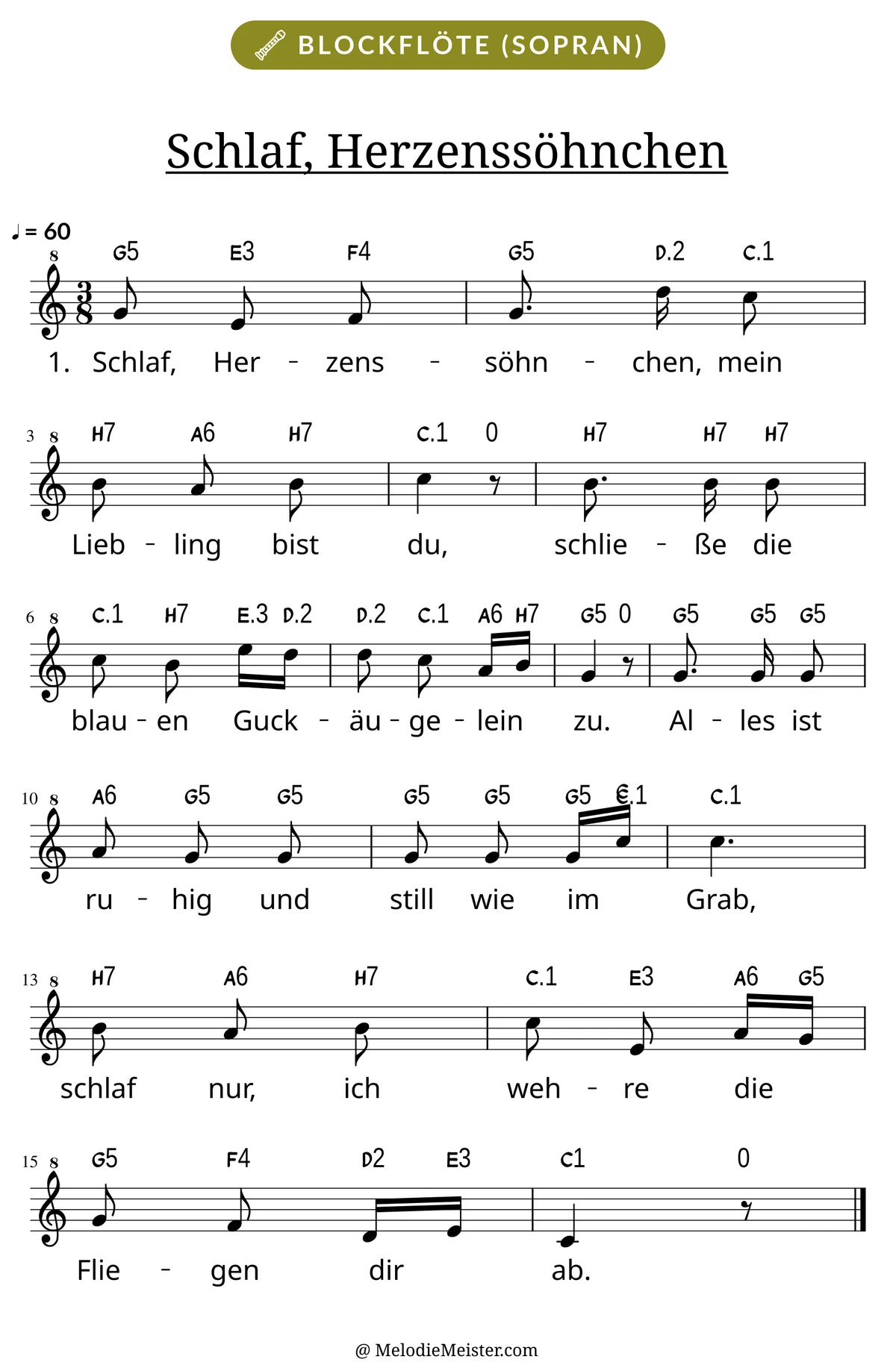 Notenblatt „Schlaf, Herzenssöhnchen“ für Blockflöte: Melodie mit Buchstaben über den Noten, darunter der Liedtext der 1. Strophe.