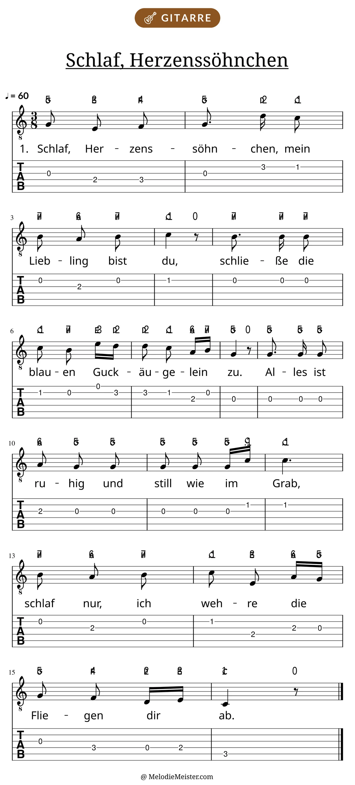 Notenblatt „Schlaf, Herzenssöhnchen“ für Gitarre: Melodie mit Buchstaben über den Noten, darunter der Liedtext der 1. Strophe und die Gitarren-Tabulatur mit Bundzahlen.