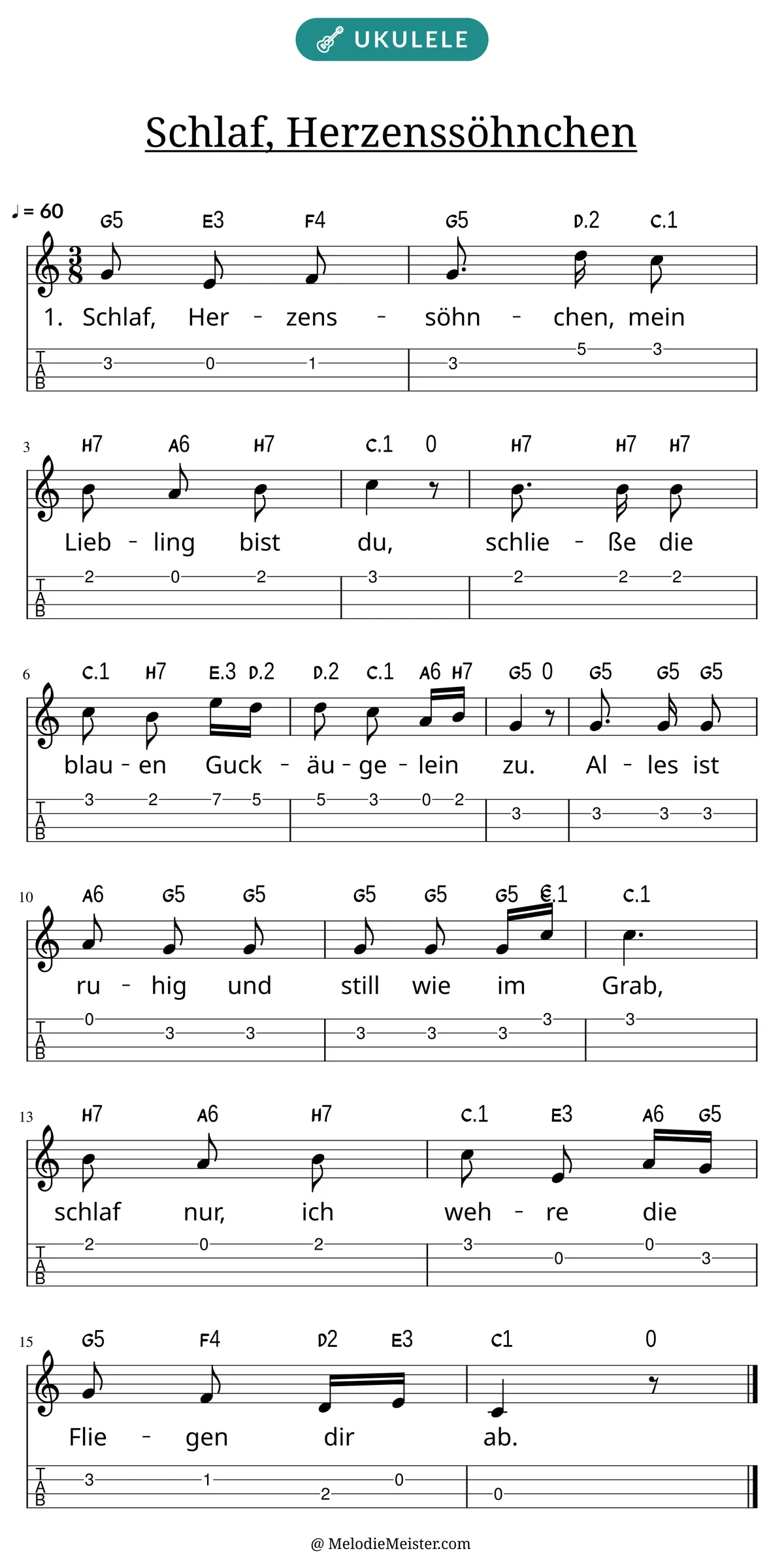 Notenblatt „Schlaf, Herzenssöhnchen“ für Ukulele: Melodie mit Buchstaben über den Noten, darunter der Liedtext der 1. Strophe und die Ukulele-Tabulatur mit Bundzahlen.