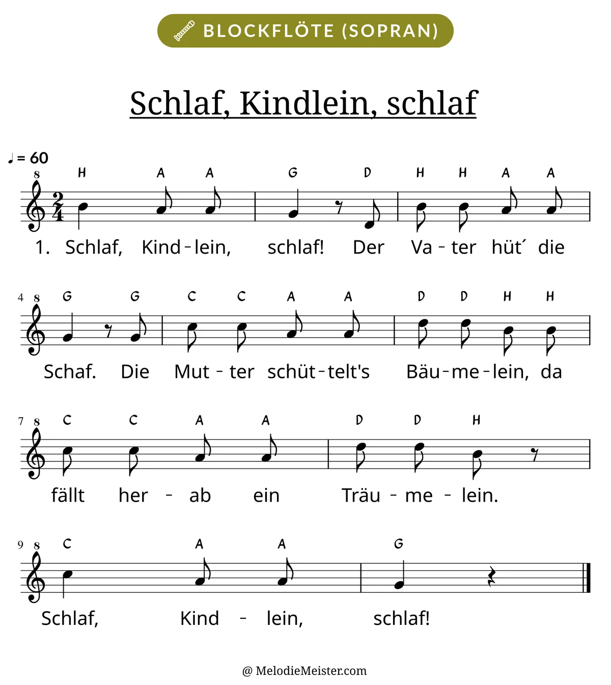 Notenblatt „Schlaf, Kindlein, schlaf“ für Blockflöte: Melodie mit Buchstaben über den Noten, darunter der Liedtext der 1. Strophe.