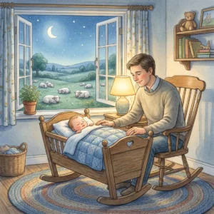 Ein Vater wiegt im Kinderzimmer die Wiege mit dem schlafenden Baby, durchs offene Fenster sieht man Schafe auf einer mondbeschienenen Weide.