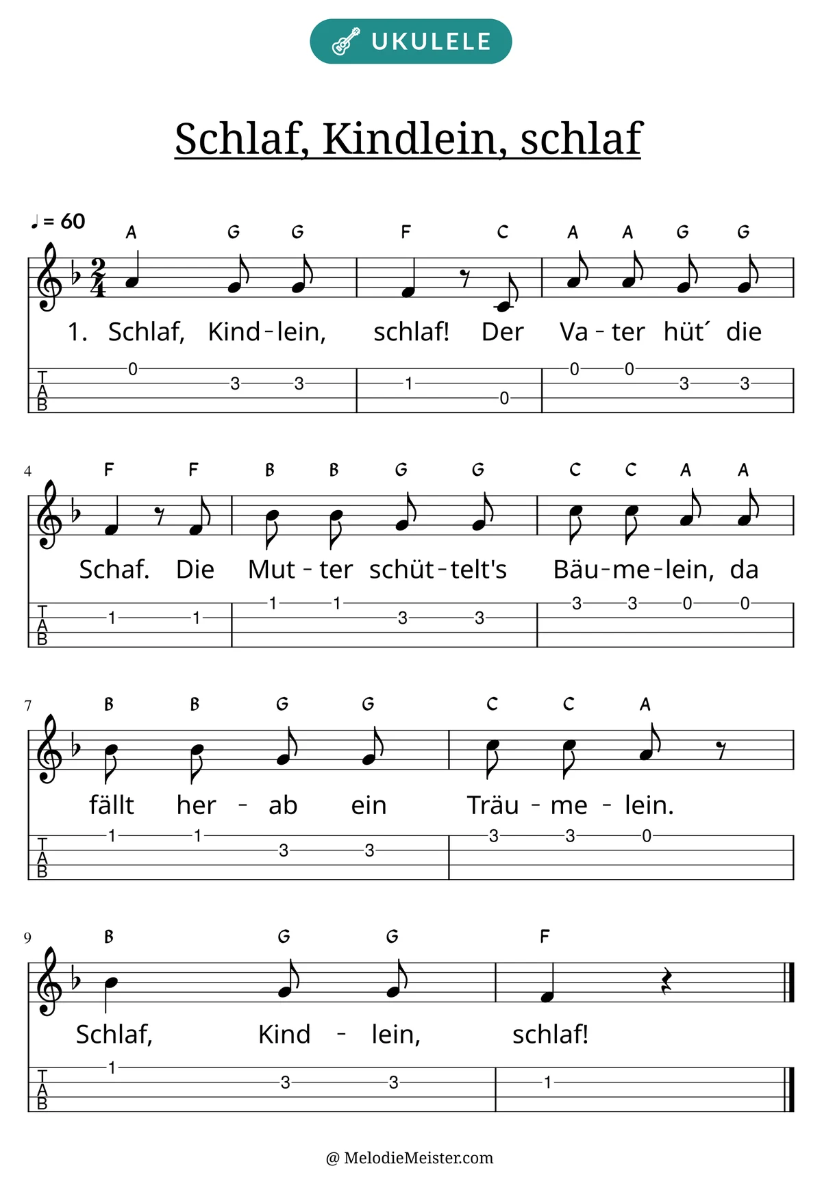 Notenblatt „Schlaf, Kindlein, schlaf“ für Ukulele: Melodie mit Buchstaben über den Noten, darunter der Liedtext der 1. Strophe und die Ukulele-Tabulatur mit Bundzahlen.