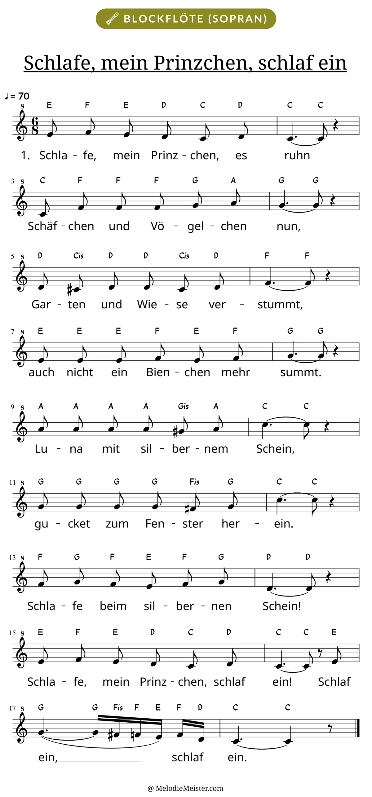 Notenblatt „Schlafe, mein Prinzchen, schlaf ein“ für Blockflöte: Melodie mit Buchstaben über den Noten, darunter der Liedtext der 1. Strophe.