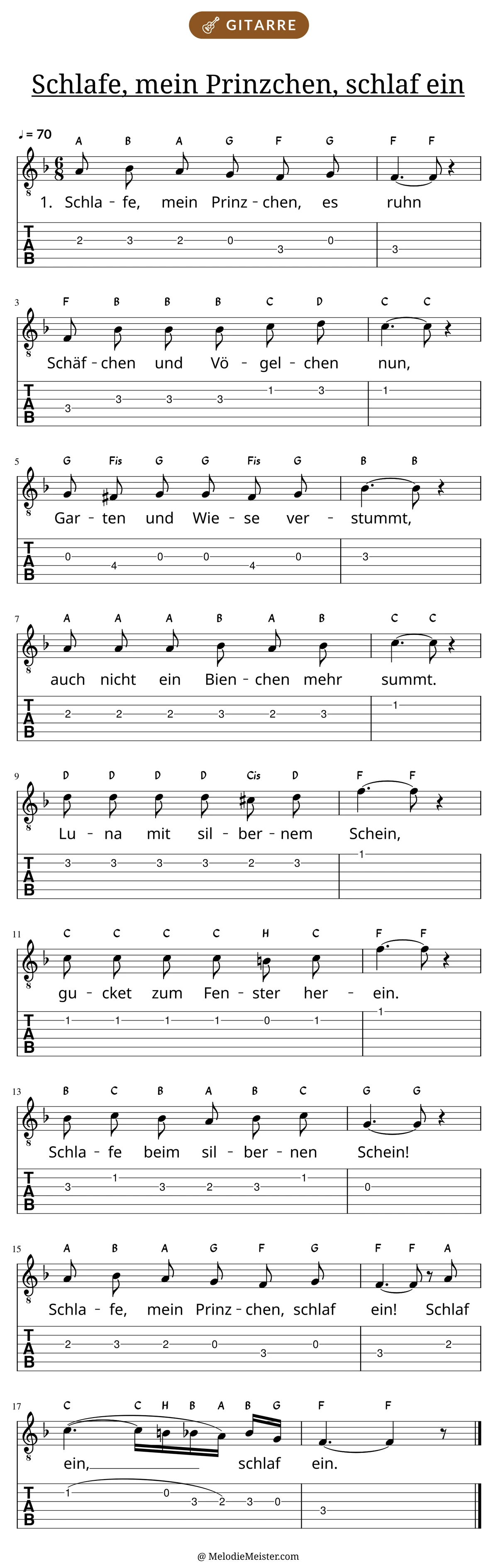 Notenblatt „Schlafe, mein Prinzchen, schlaf ein“ für Gitarre: Melodie mit Buchstaben über den Noten, darunter der Liedtext der 1. Strophe und die Gitarren-Tabulatur mit Bundzahlen.