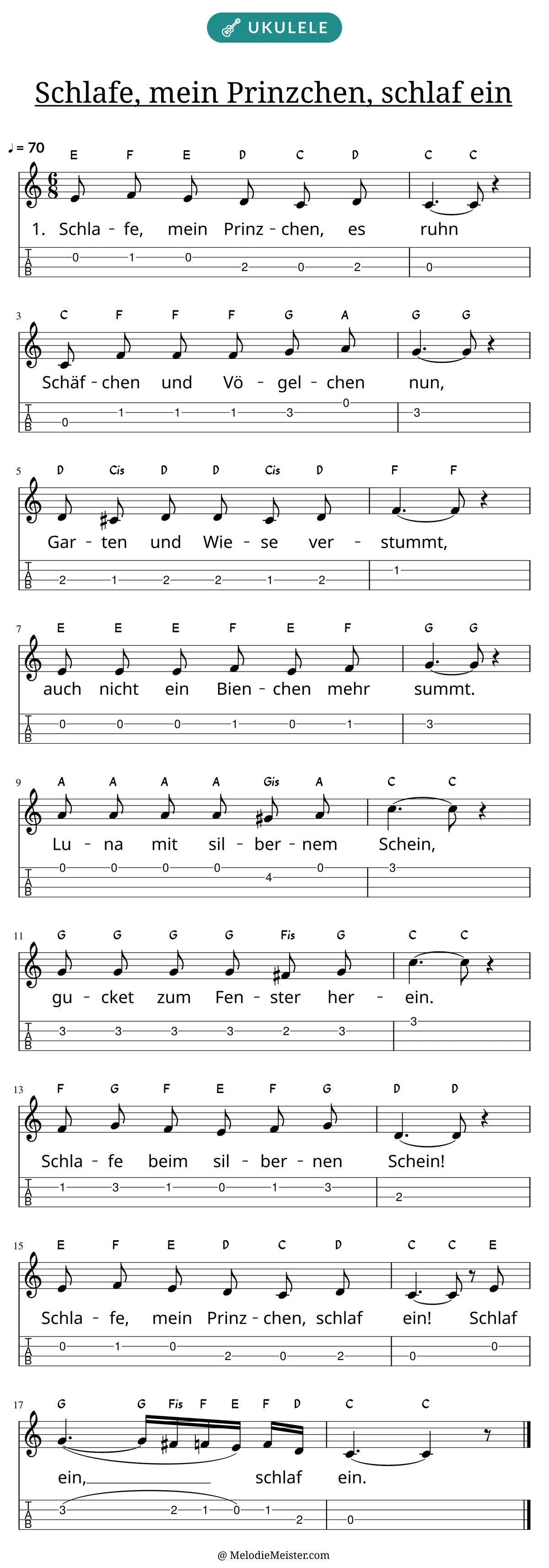 Notenblatt „Schlafe, mein Prinzchen, schlaf ein“ für Ukulele: Melodie mit Buchstaben über den Noten, darunter der Liedtext der 1. Strophe und die Ukulele-Tabulatur mit Bundzahlen.
