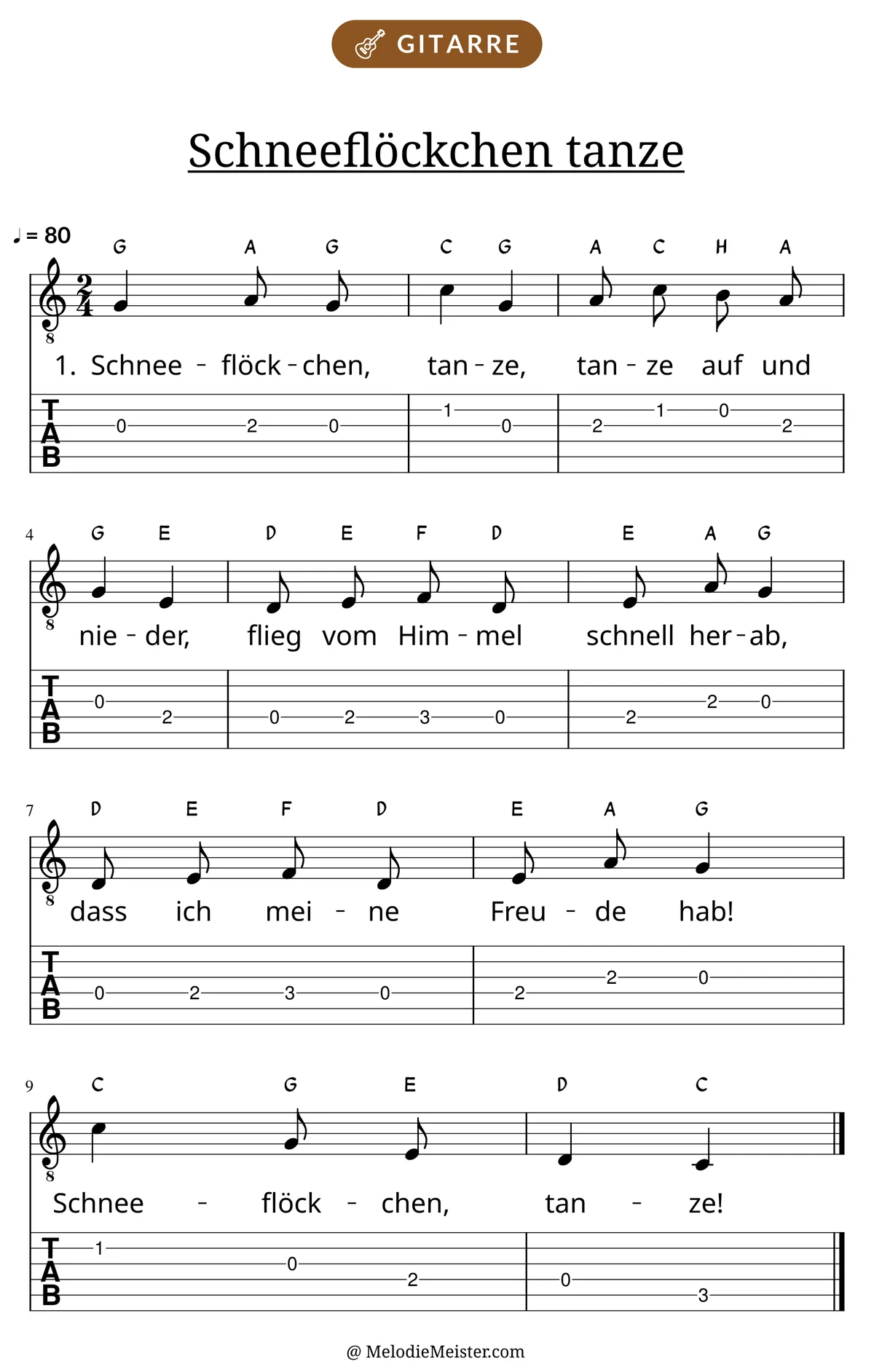 Notenblatt „Schneeflöckchen tanze“ für Gitarre: Melodie mit Buchstaben über den Noten, darunter der Liedtext der 1. Strophe und die Gitarren-Tabulatur mit Bundzahlen.