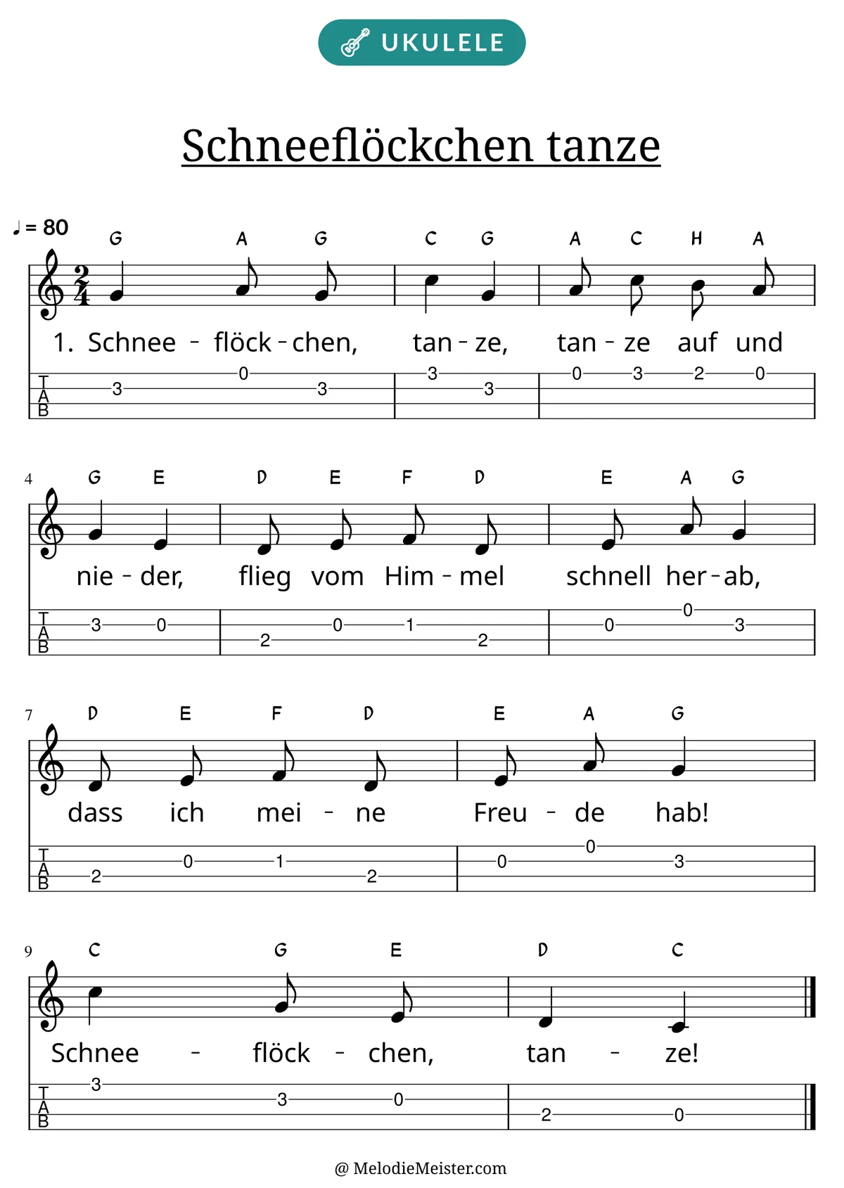 Notenblatt „Schneeflöckchen tanze“ für Ukulele: Melodie mit Buchstaben über den Noten, darunter der Liedtext der 1. Strophe und die Ukulele-Tabulatur mit Bundzahlen.