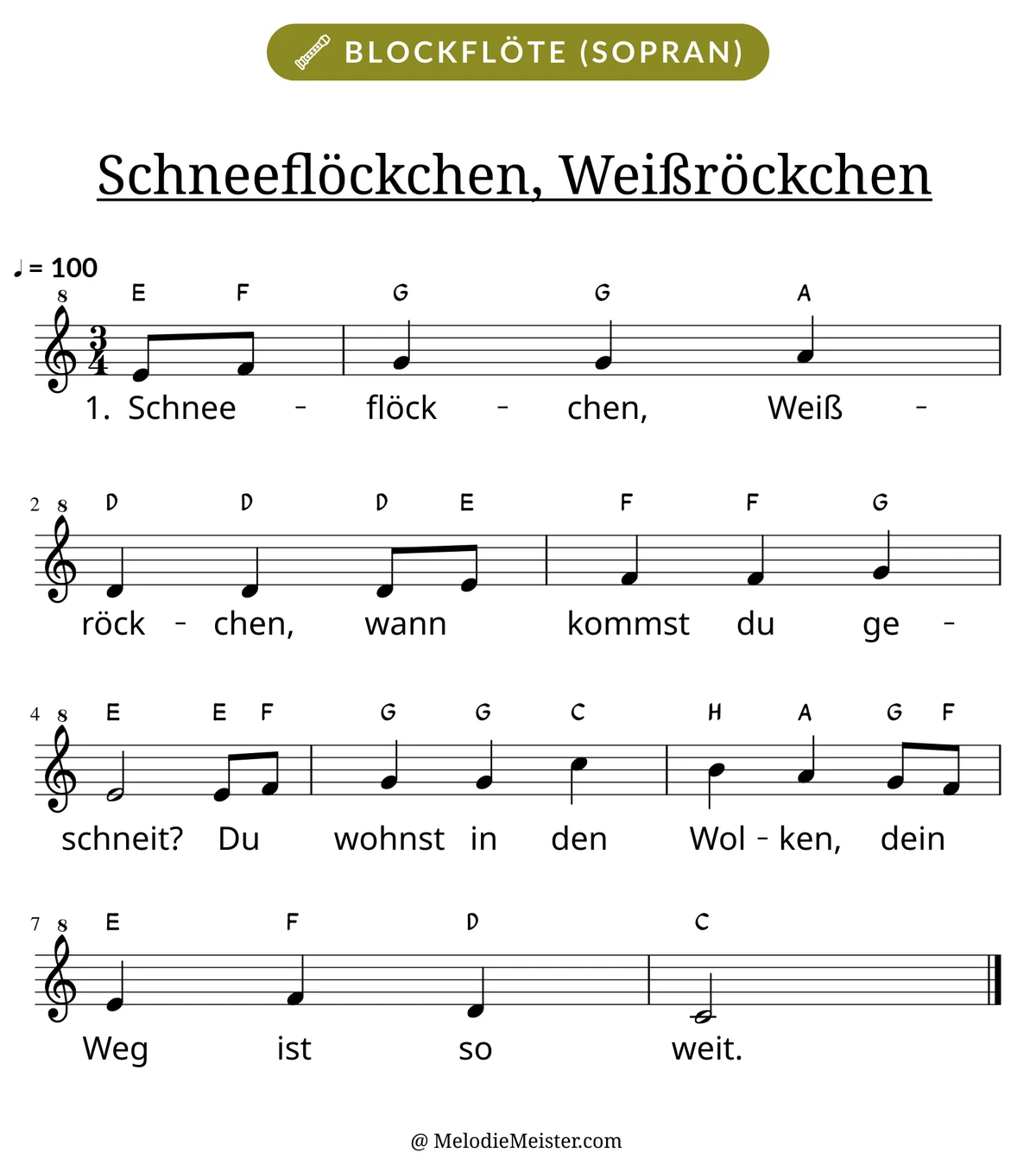 Notenblatt „Schneeflöckchen, Weißröckchen“ für Blockflöte: Melodie mit Buchstaben über den Noten, darunter der Liedtext der 1. Strophe.