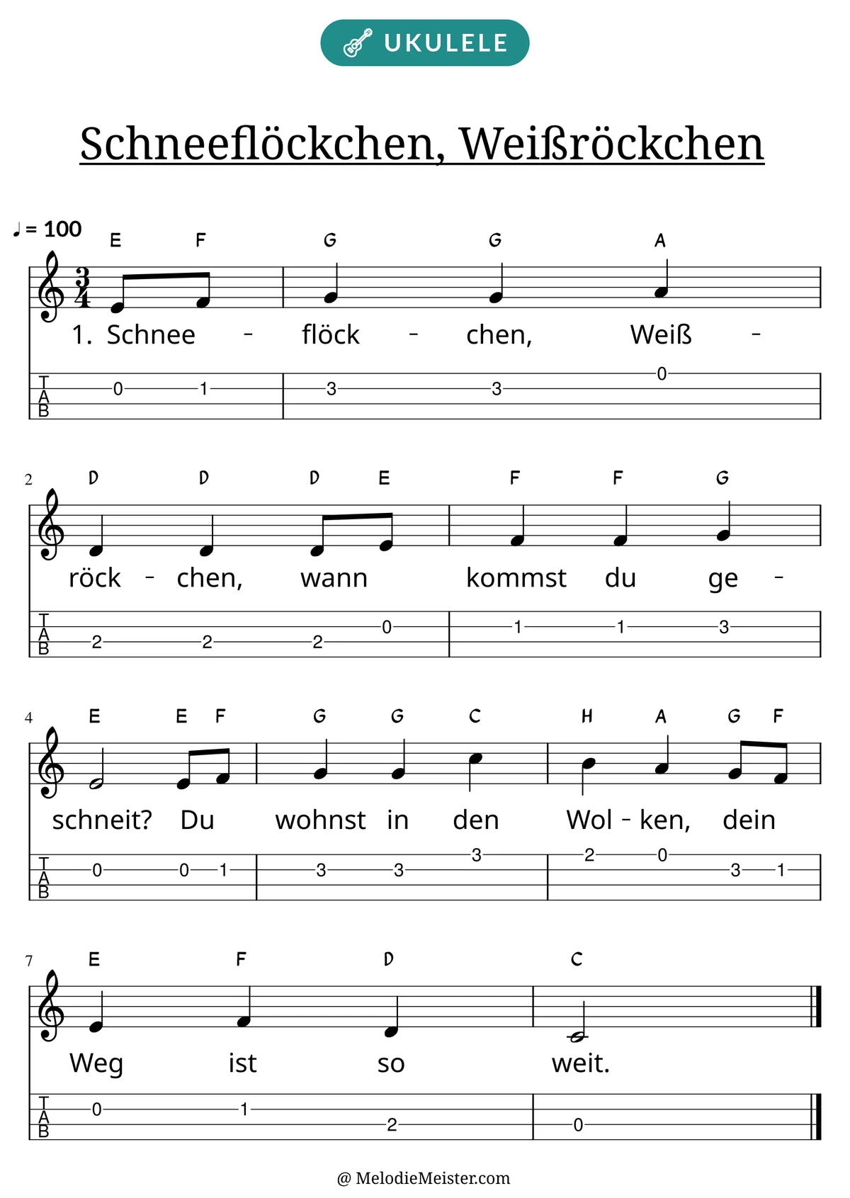 Notenblatt „Schneeflöckchen, Weißröckchen“ für Ukulele: Melodie mit Buchstaben über den Noten, darunter der Liedtext der 1. Strophe und die Ukulele-Tabulatur mit Bundzahlen.