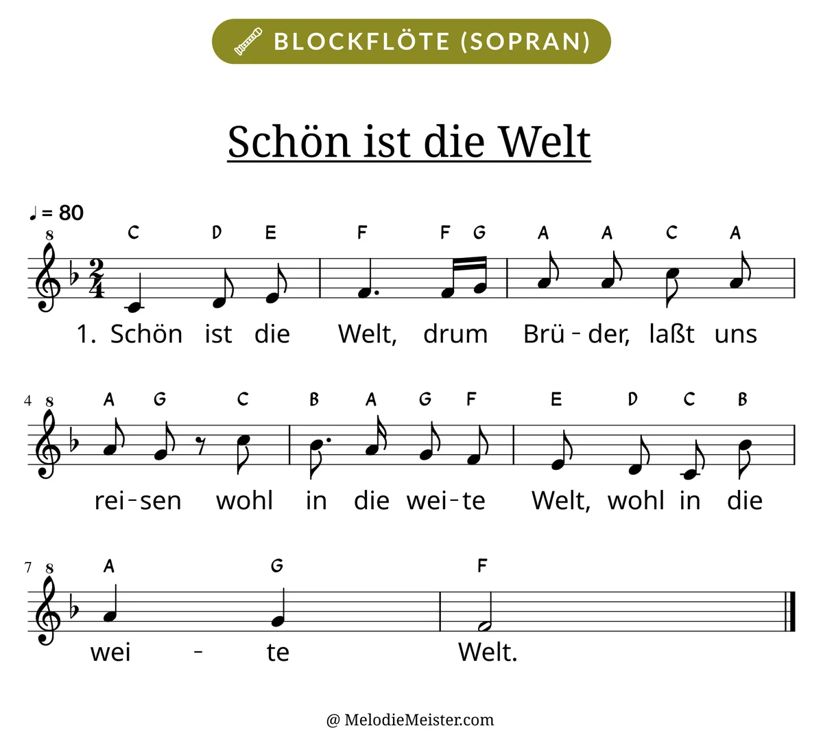 Notenblatt „Schön ist die Welt“ für Blockflöte: Melodie mit Buchstaben über den Noten, darunter der Liedtext der 1. Strophe.