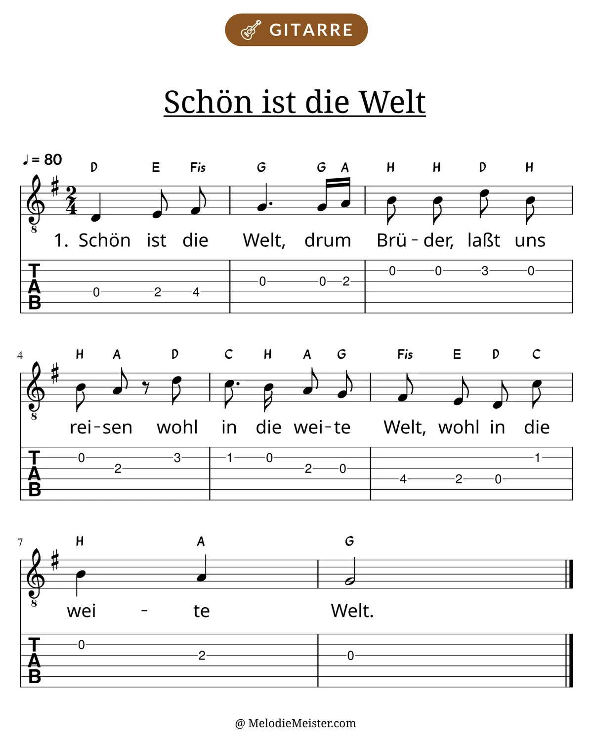 Notenblatt „Schön ist die Welt“ für Gitarre: Melodie mit Buchstaben über den Noten, darunter der Liedtext der 1. Strophe und die Gitarren-Tabulatur mit Bundzahlen.